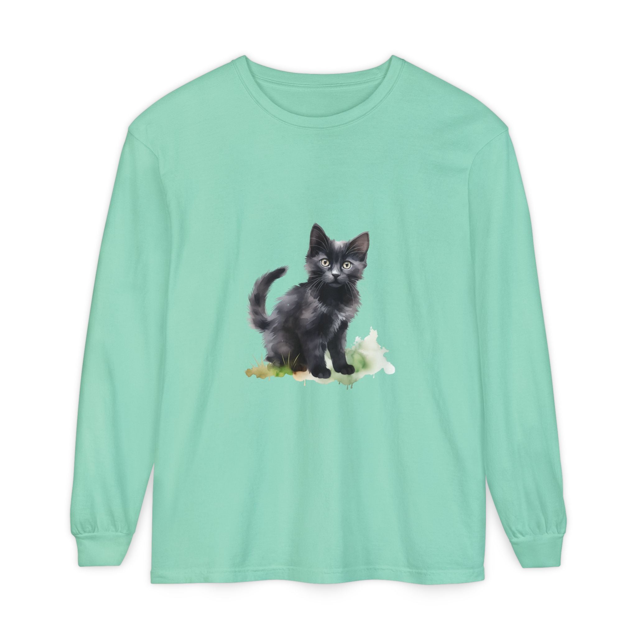 Maglietta a maniche lunghe con gatto nero e acquerello