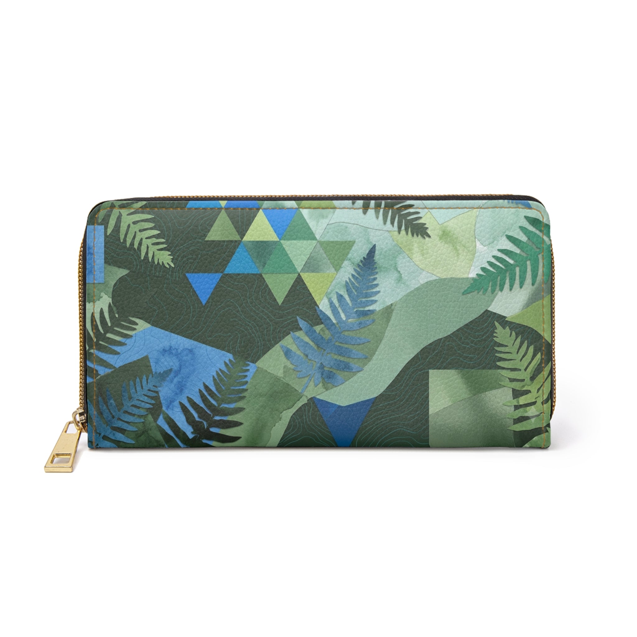 Tropical Fern Zip Wallet — Green Geometric Leaf Pattern Zipper Wallet