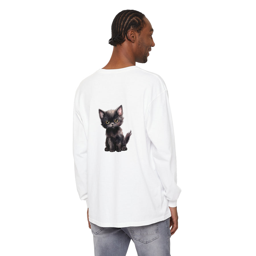 Black kitten with captivating yellow eyes printed on long sleeve top