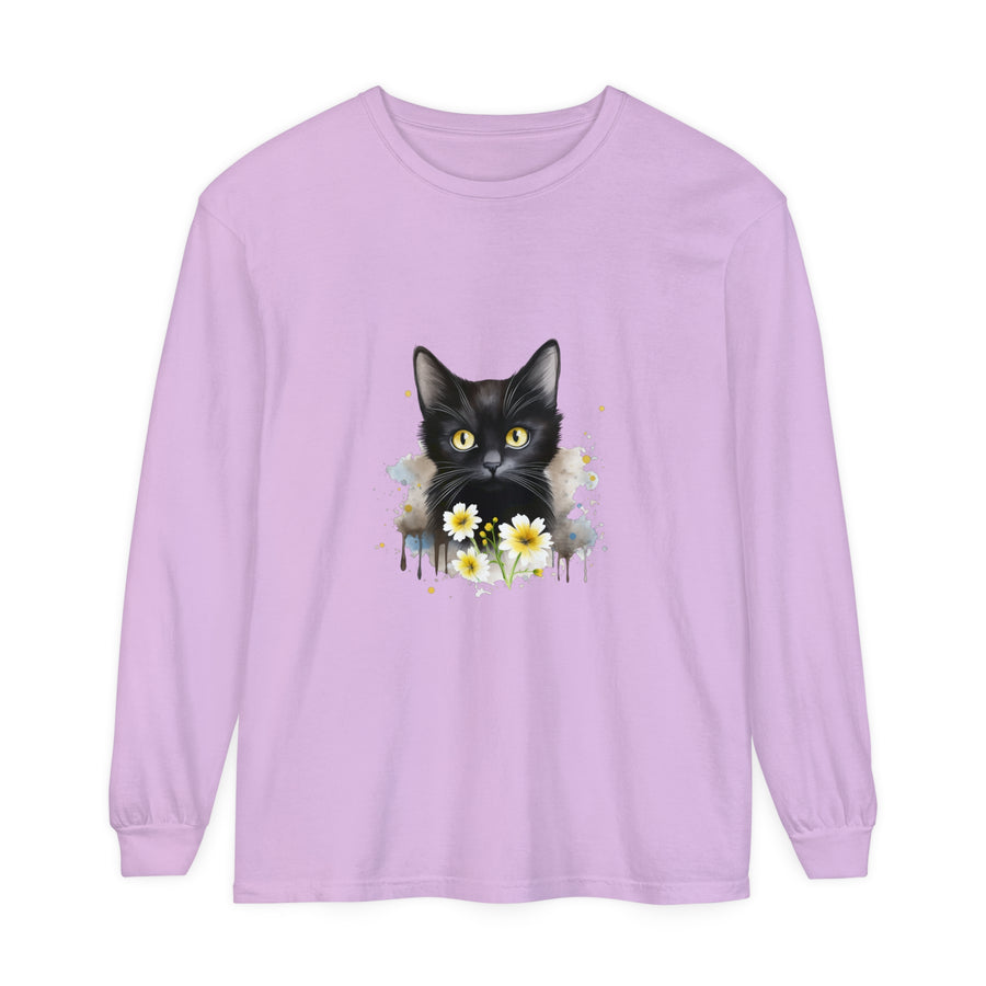 Black Cat Watercolor Floral Unisex T-Shirt featuring a beautiful, hand-painted design of a black cat surrounded by colorful flowers on a high-quality, comfortable t-shirt