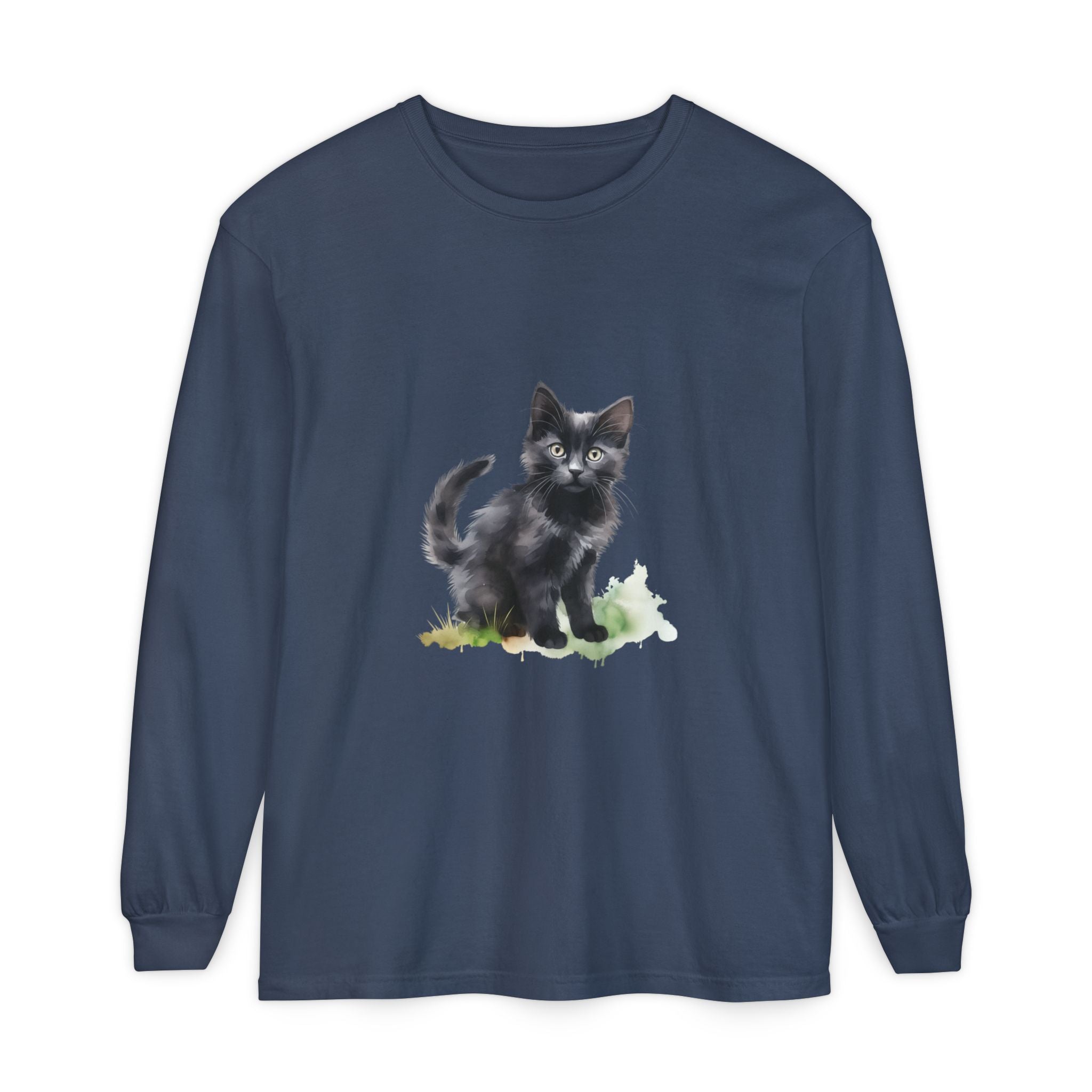 Maglietta a maniche lunghe con gatto nero e acquerello