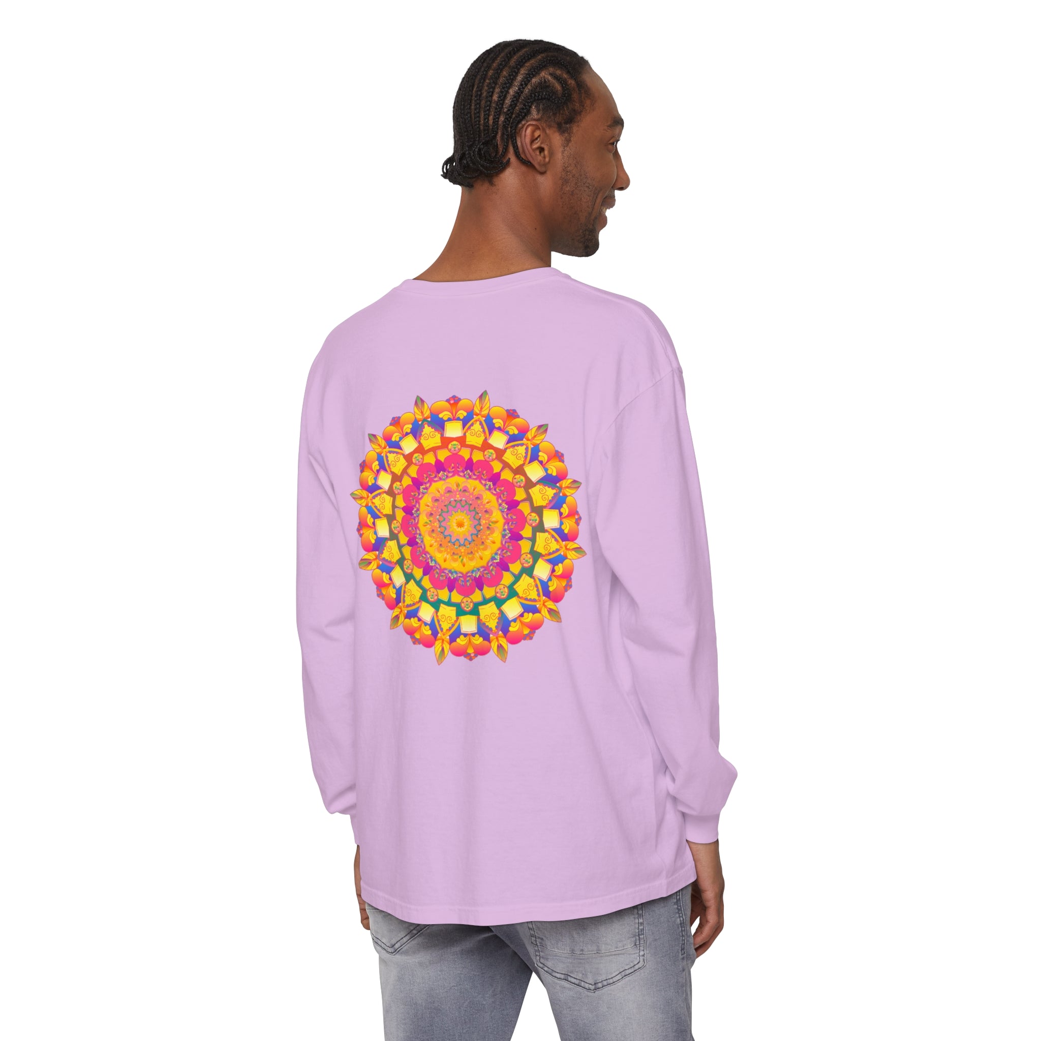 Vibrant and intricate colorful mandala long sleeve t-shirt featuring psychedelic art