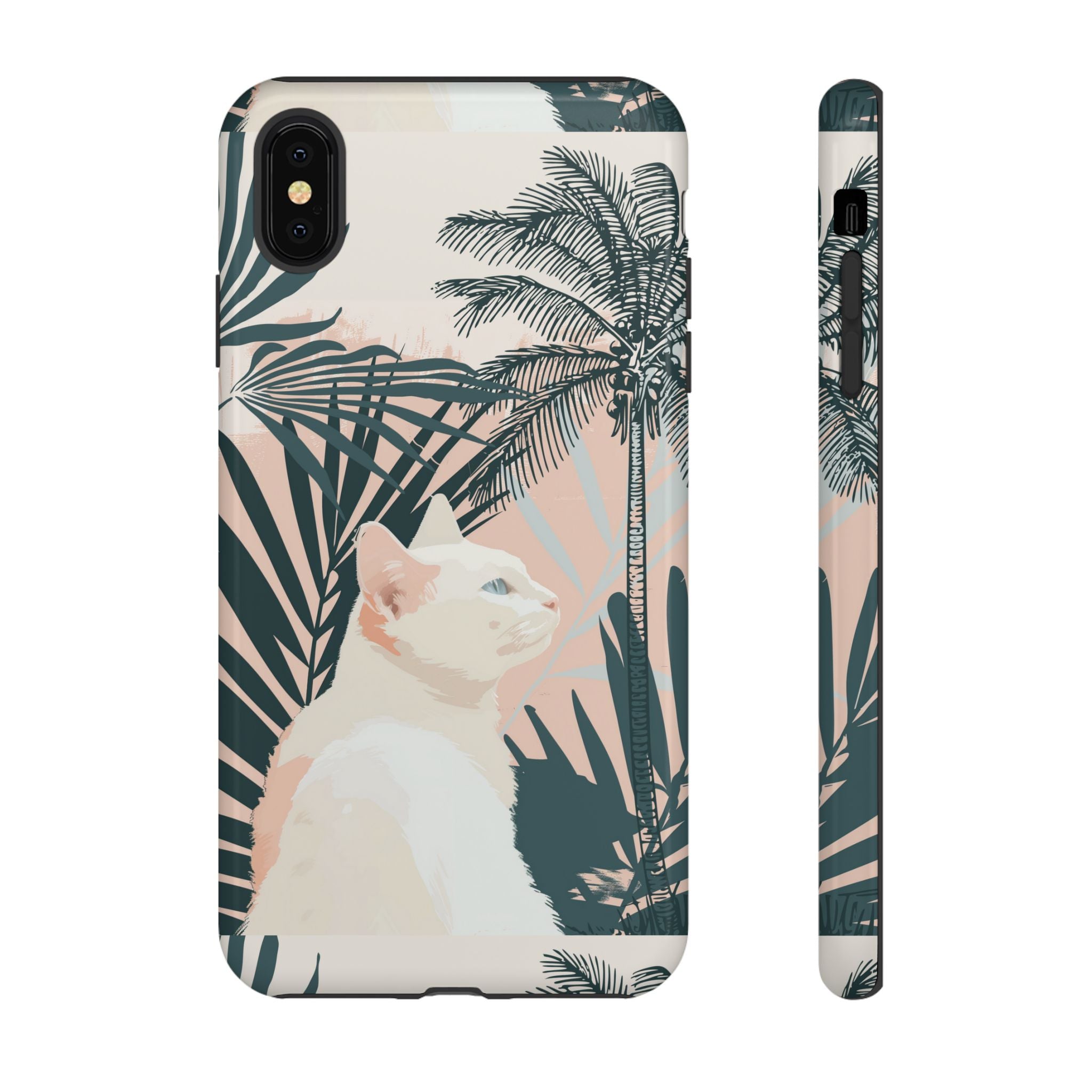 Tropical Cat Phone Case with Lush Palm Motifs and Soft Pastels