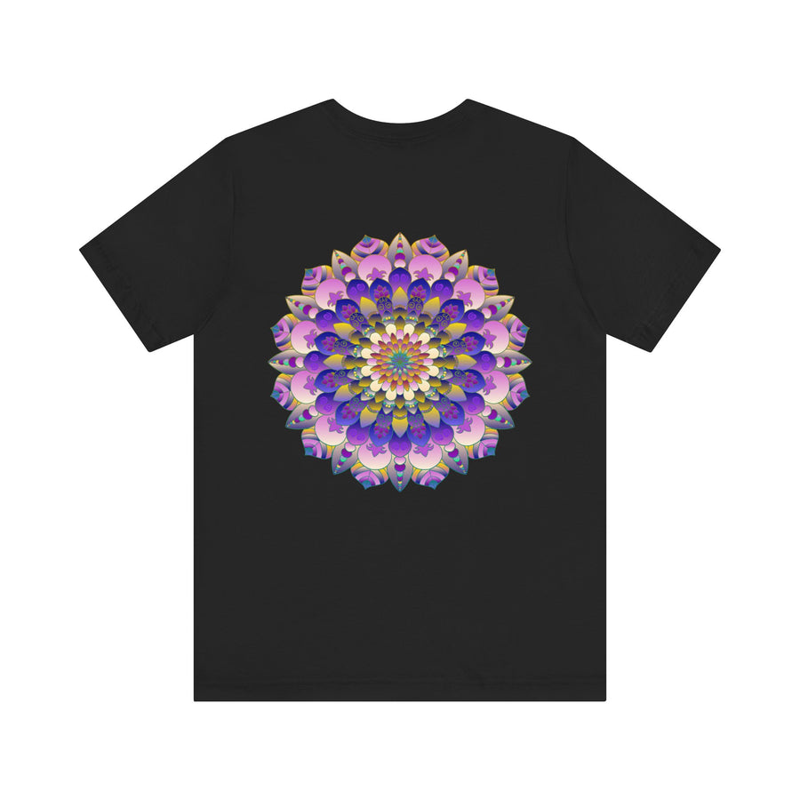 A close-up of a white t-shirt with a colorful mandala design, symbolizing spiritual peace and harmony