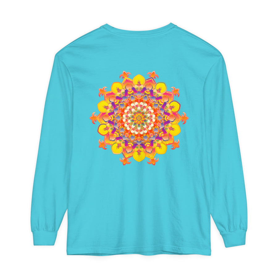 Colorful and intricate mandala design on a unisex long sleeve t-shirt