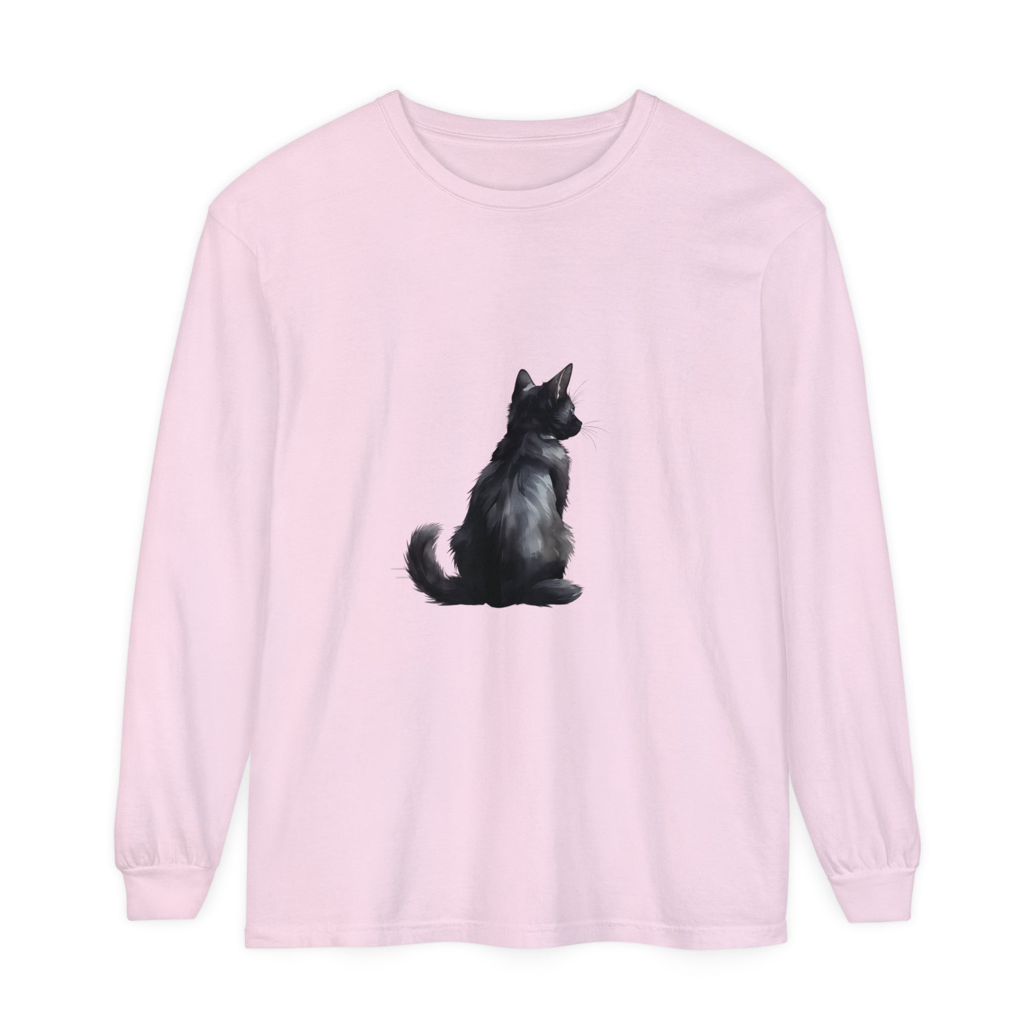 Black Cat Mystery - Unisex Long Sleeve Tee in black, featuring a mysterious and stylish design perfect for both men and women
