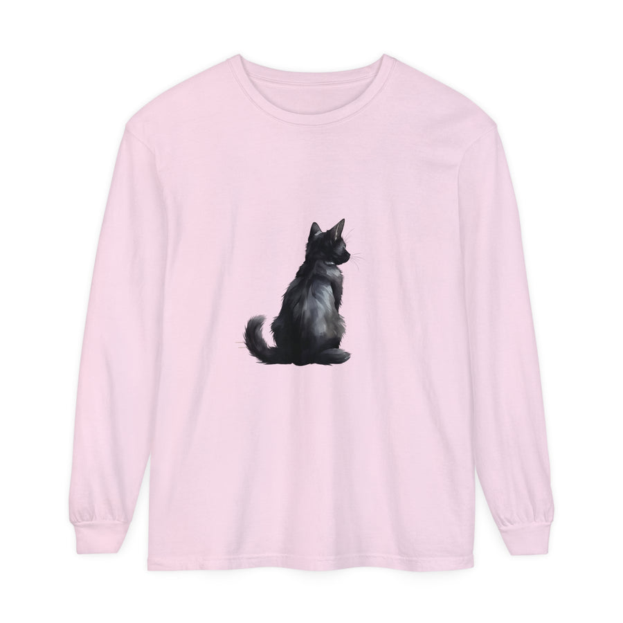 Black Cat Mystery - Unisex Long Sleeve Tee in black, featuring a mysterious and stylish design perfect for both men and women