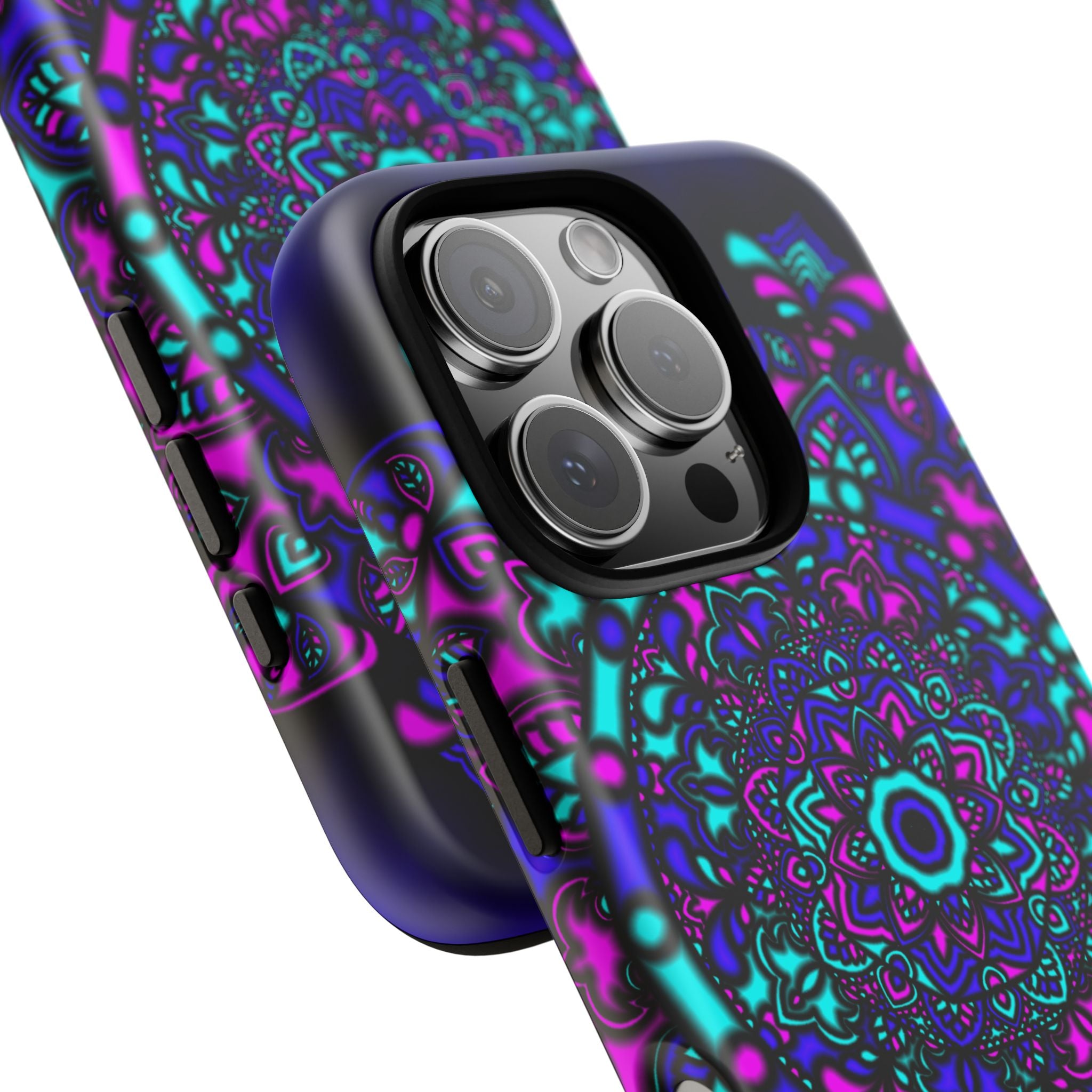 Cover protettiva resistente per telefono Mandala Neon — Viola e Verde acqua