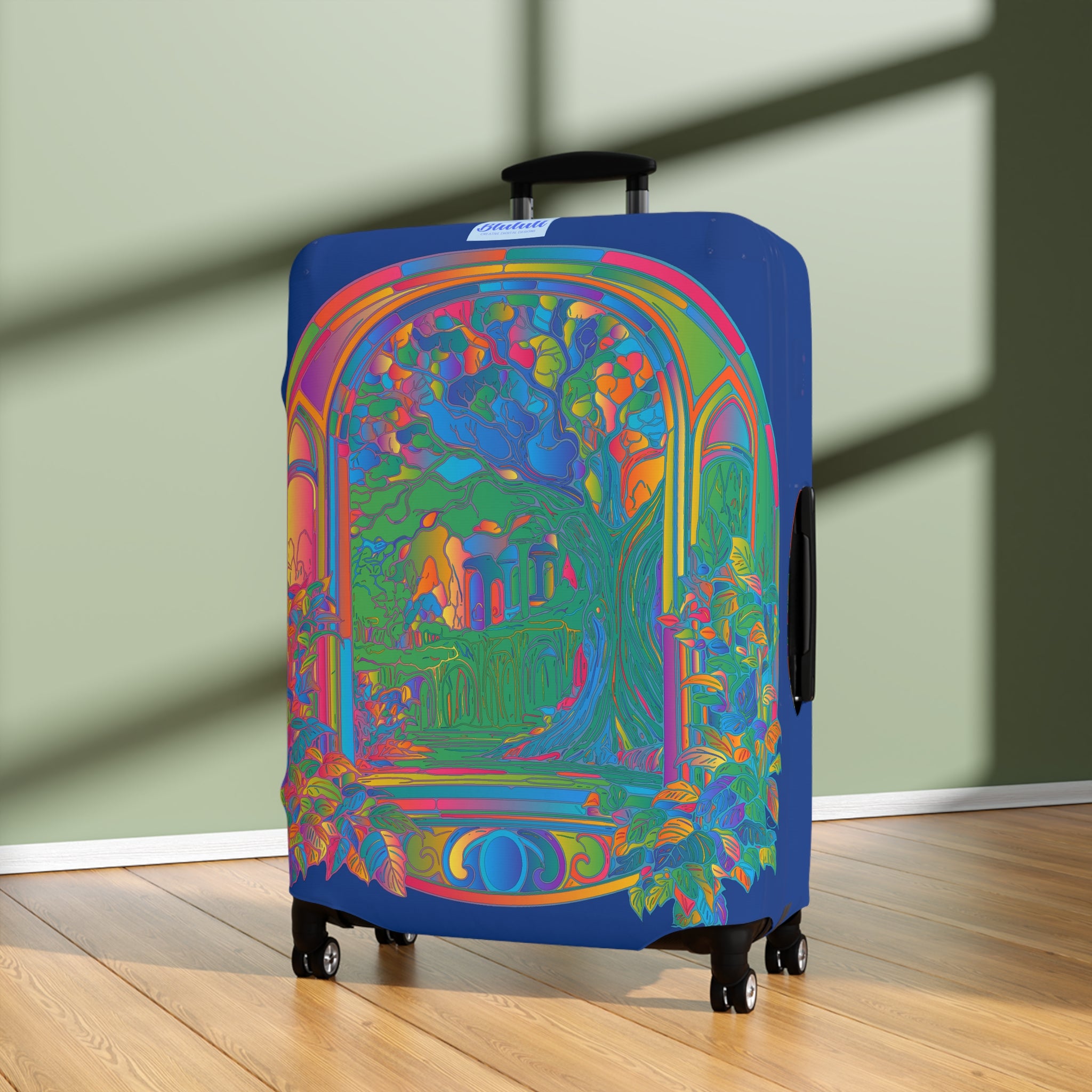 Protective suitcase cover featuring a vibrant and detailed mandala pattern