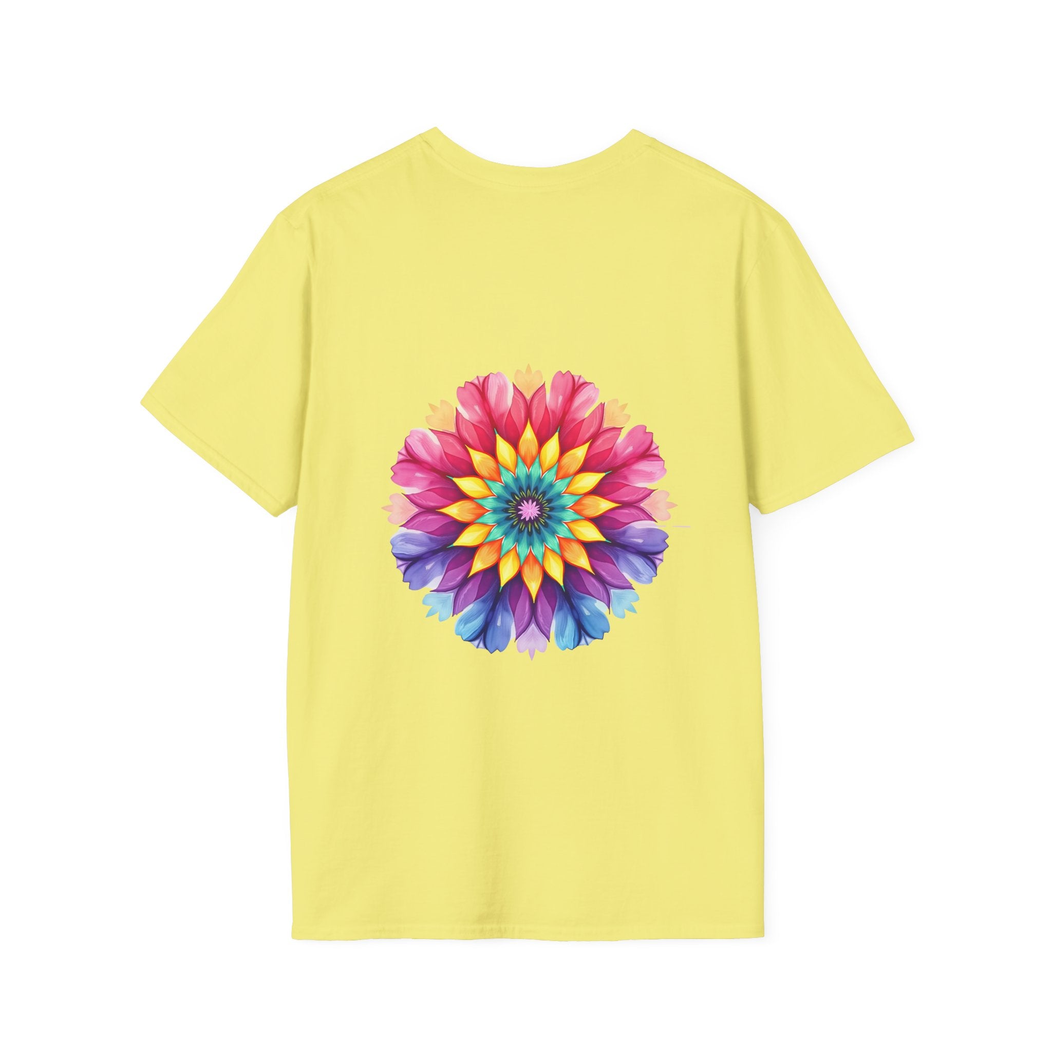 A close-up image of a white t-shirt with a colorful floral mandala design and an inspiring quote