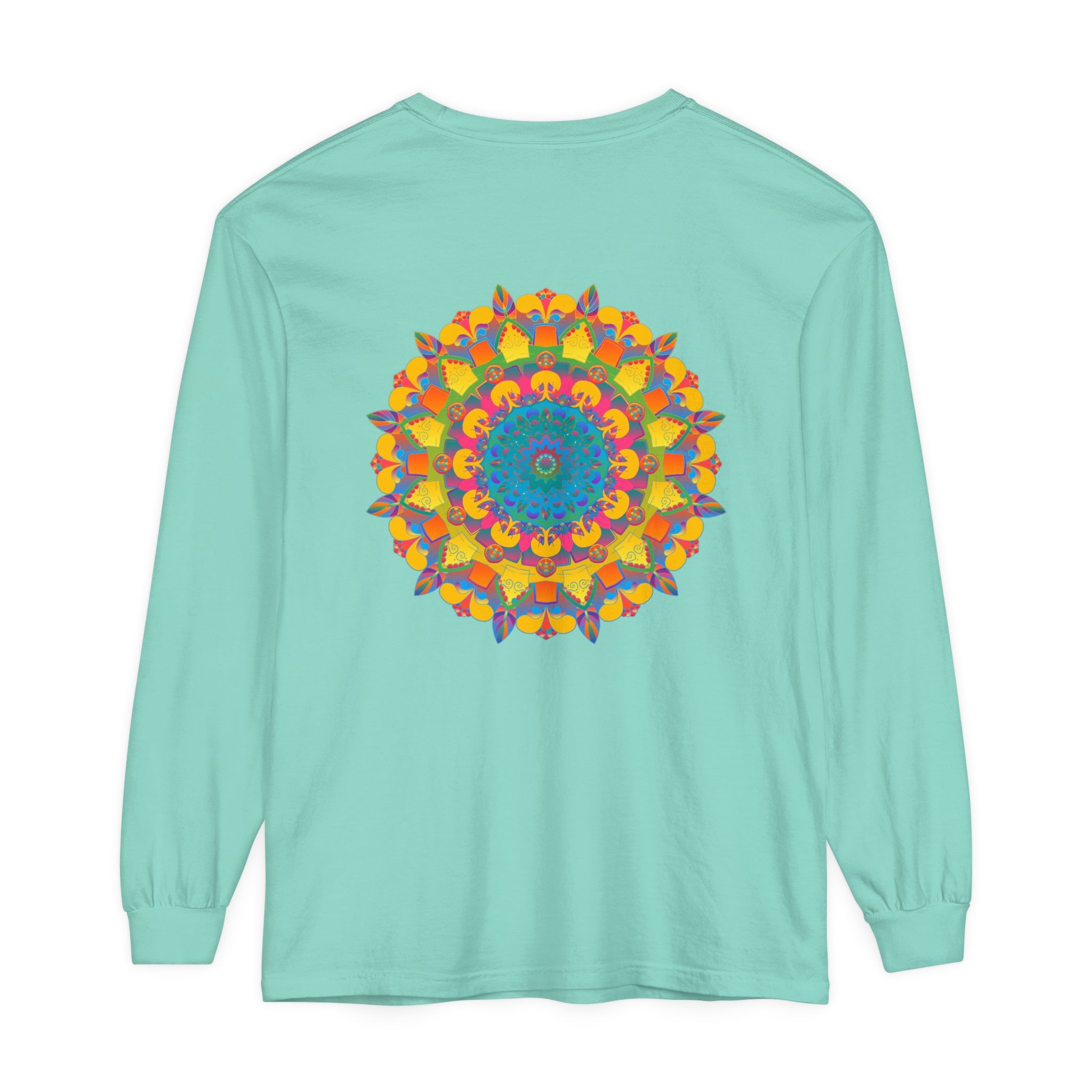 Colorful and intricate mandala design printed on a unisex long sleeve t-shirt