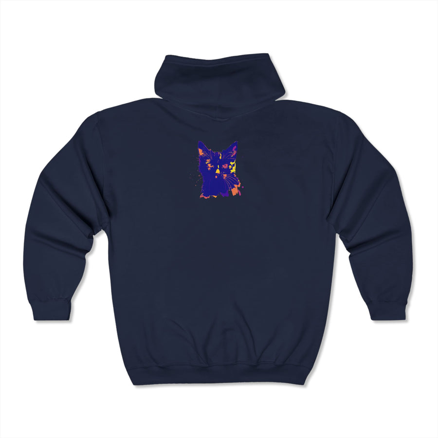 Person wearing the Black Cat Watercolor Hoodie - Mystical Design while walking down a forest path