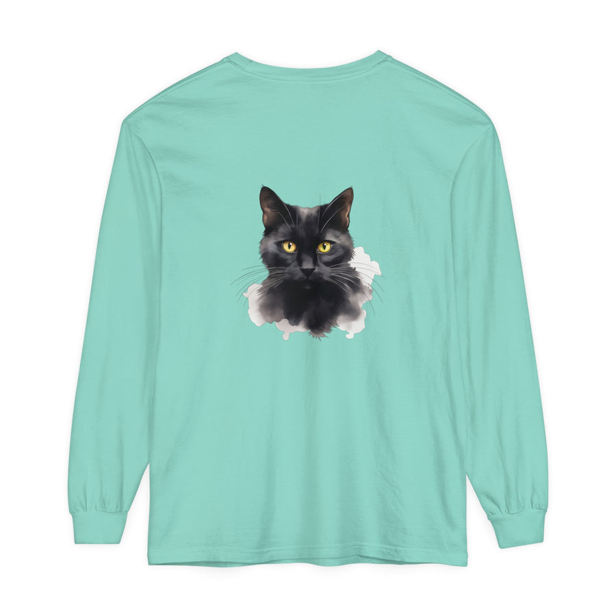 Long Sleeve T-Shirt with High-Quality Black Cat Art