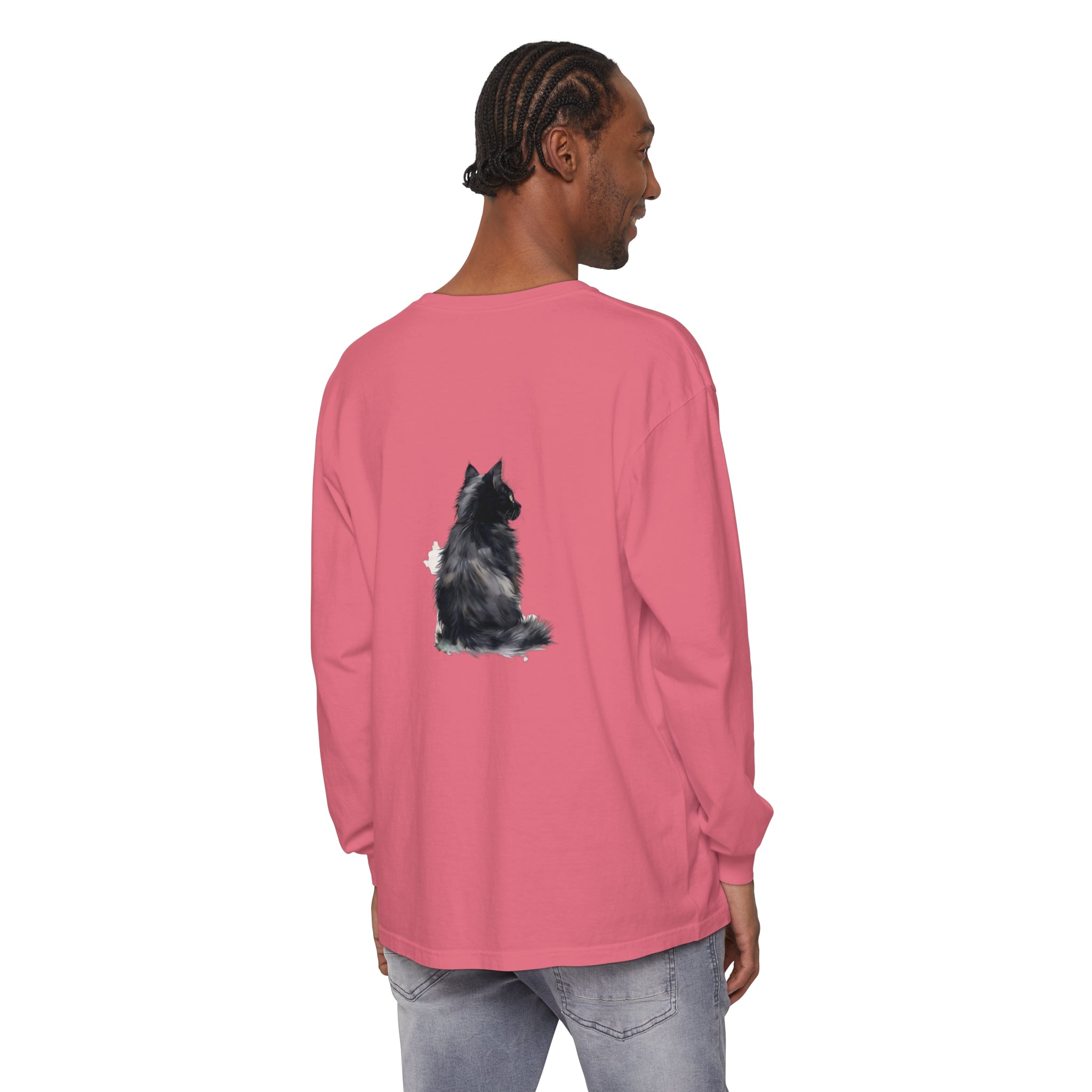 High-quality watercolor print of a black and white cat on the t-shirt