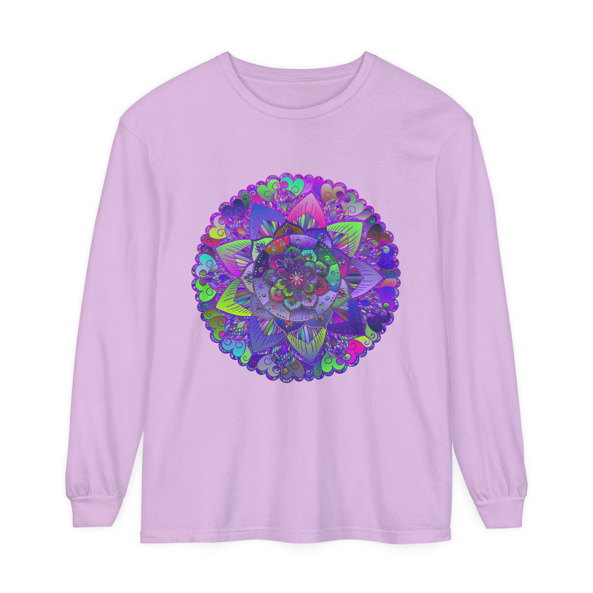 Colorful and intricate psychedelic art design on long sleeve shirt
