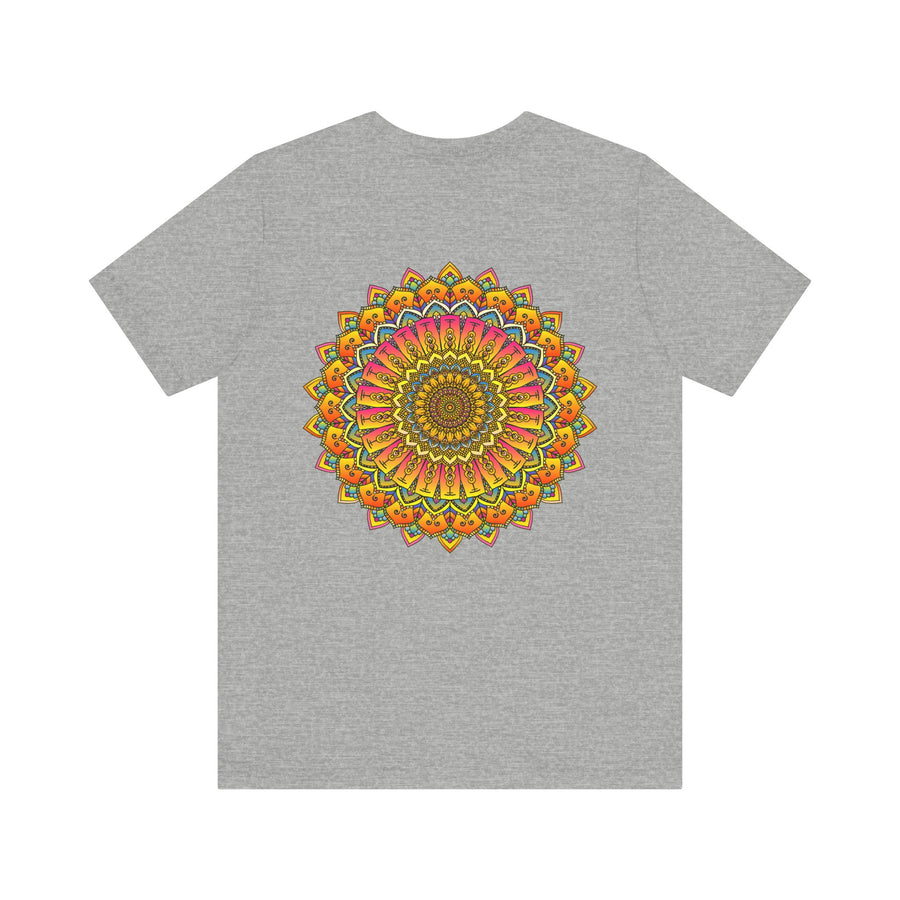 A colorful and intricate mandala tee shirt design, representing spiritual peace and harmony