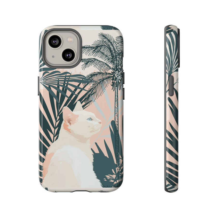 Tropical Cat Phone Case with Lush Palm Motifs and Soft Pastels
