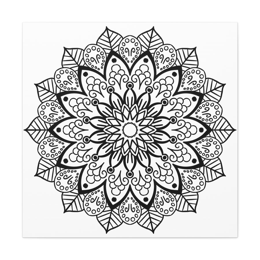 Handmade black and white mandala art on matte canvas, stretched and 125 inches thick