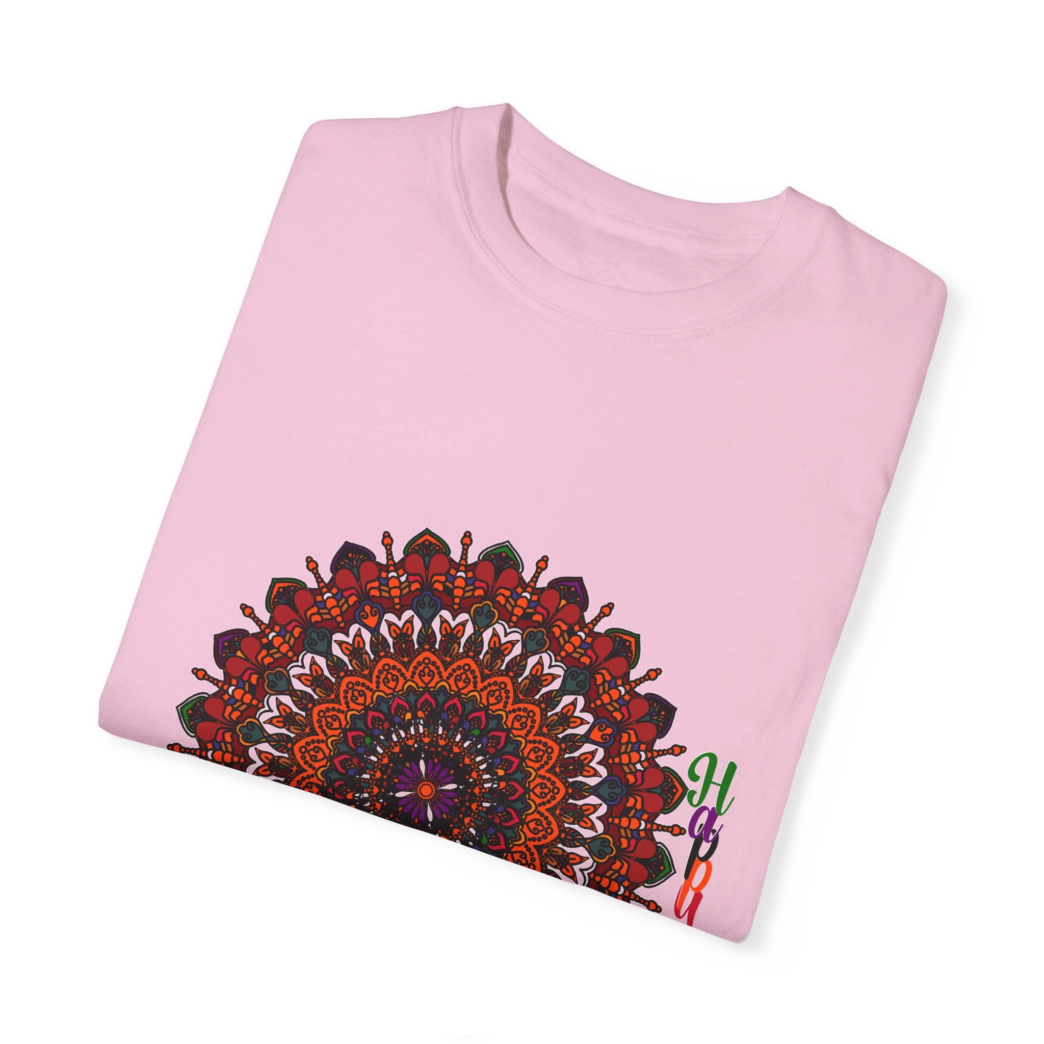Unique pumpkin mandala art hand-crafted and printed on the front of the t-shirt