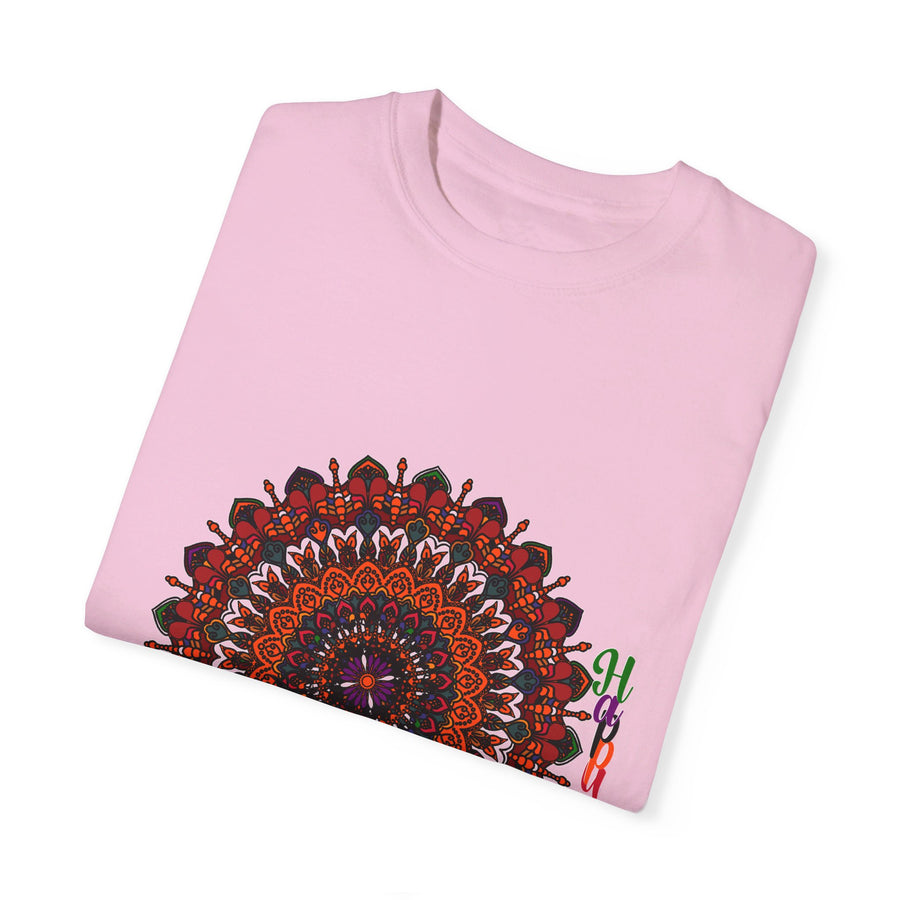 Unique pumpkin mandala art hand-crafted and printed on the front of the t-shirt