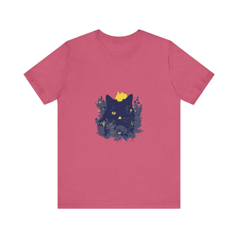 A black cat with a mysterious expression wearing a whimsical flower-patterned t-shirt