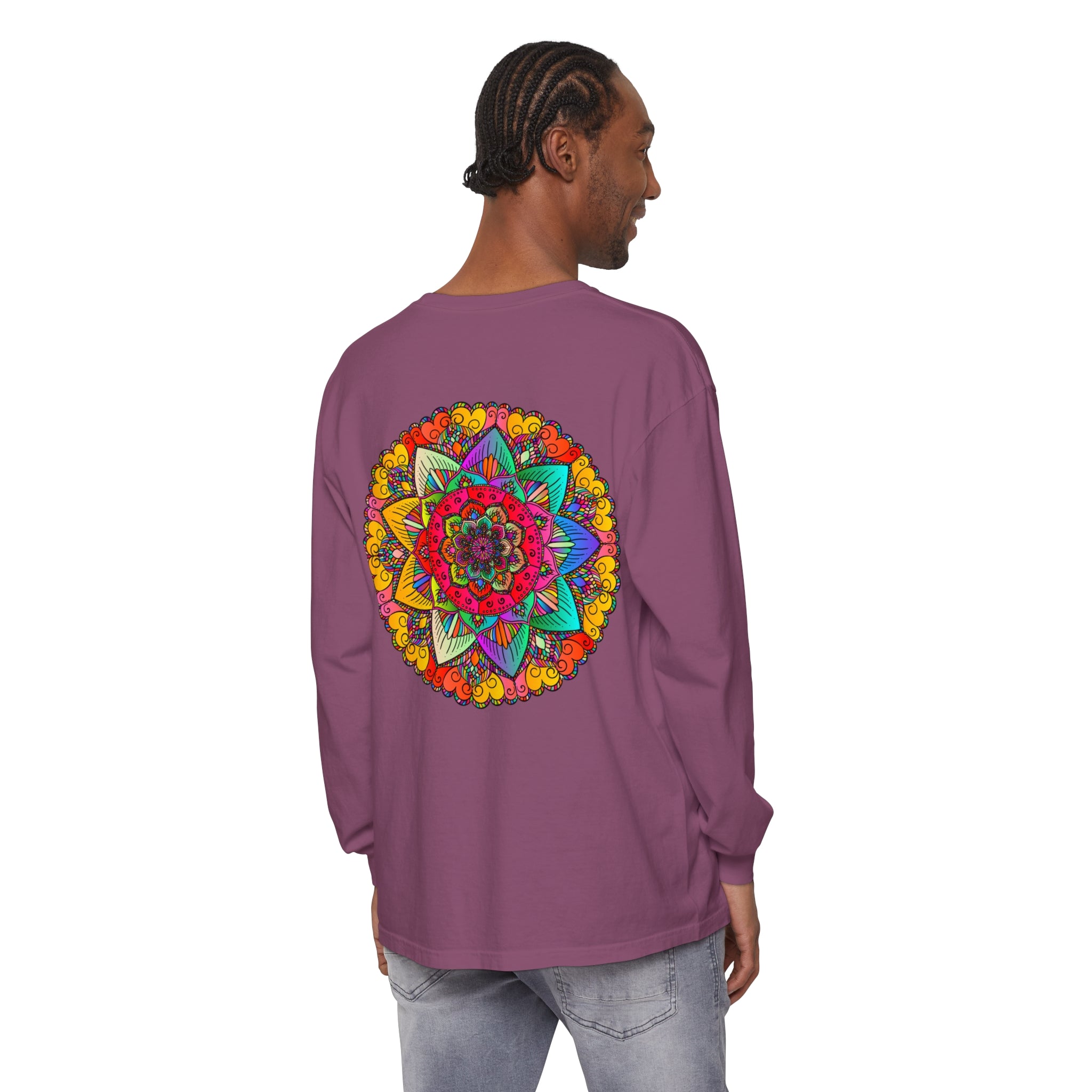 Unisex long sleeve t-shirt featuring a bold and colorful mandala design
