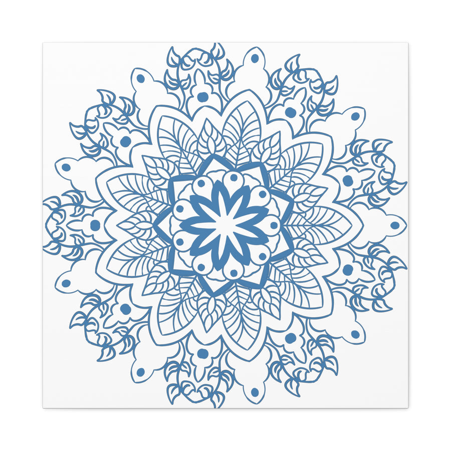 Handmade Mandala Art featuring a steel blue design on matte canvas, stretched and mounted at 125 inches, perfect for adding a touch of tranquility to any space