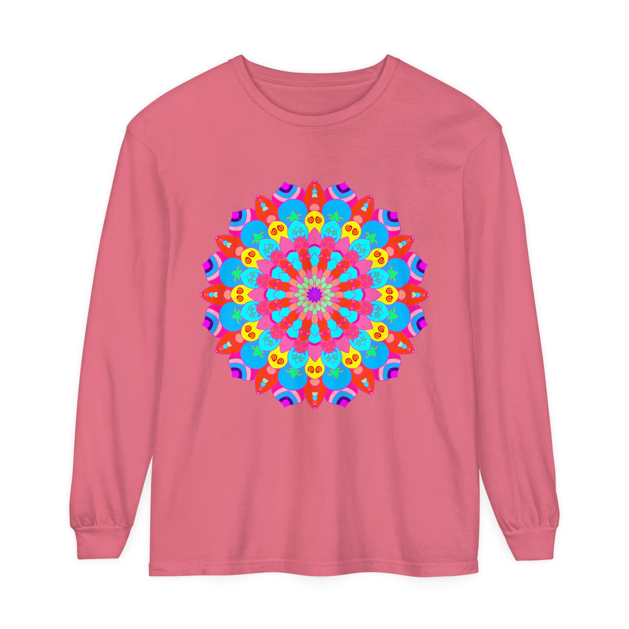 Vibrant and intricate mandala design on a unisex long sleeve t-shirt