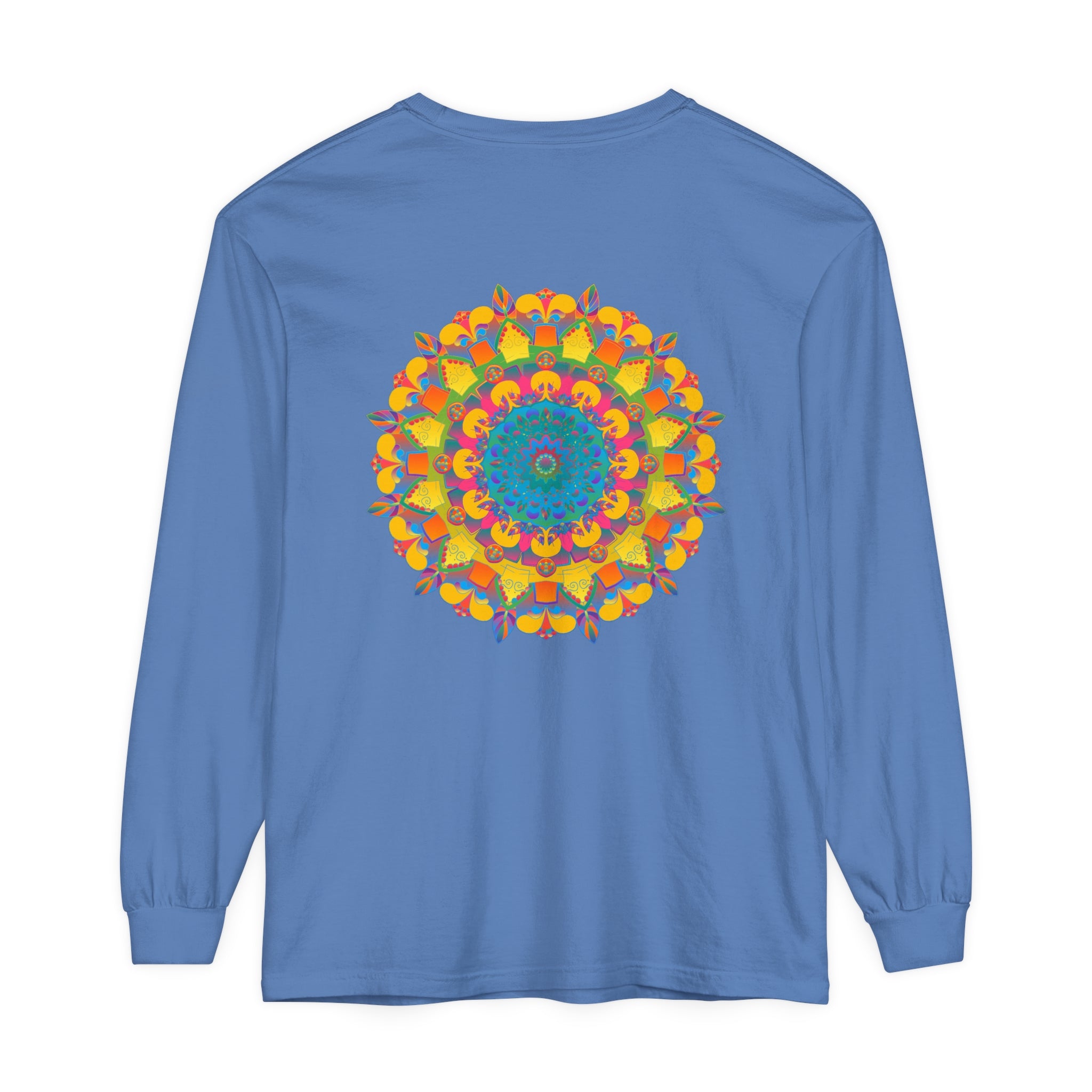 Colorful and intricate mandala design on a unisex long sleeve t-shirt