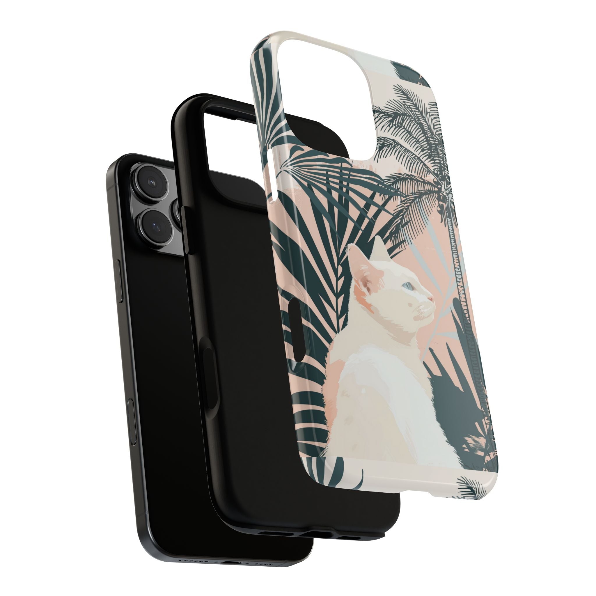 Tropical Cat Phone Case with Lush Palm Motifs and Soft Pastels