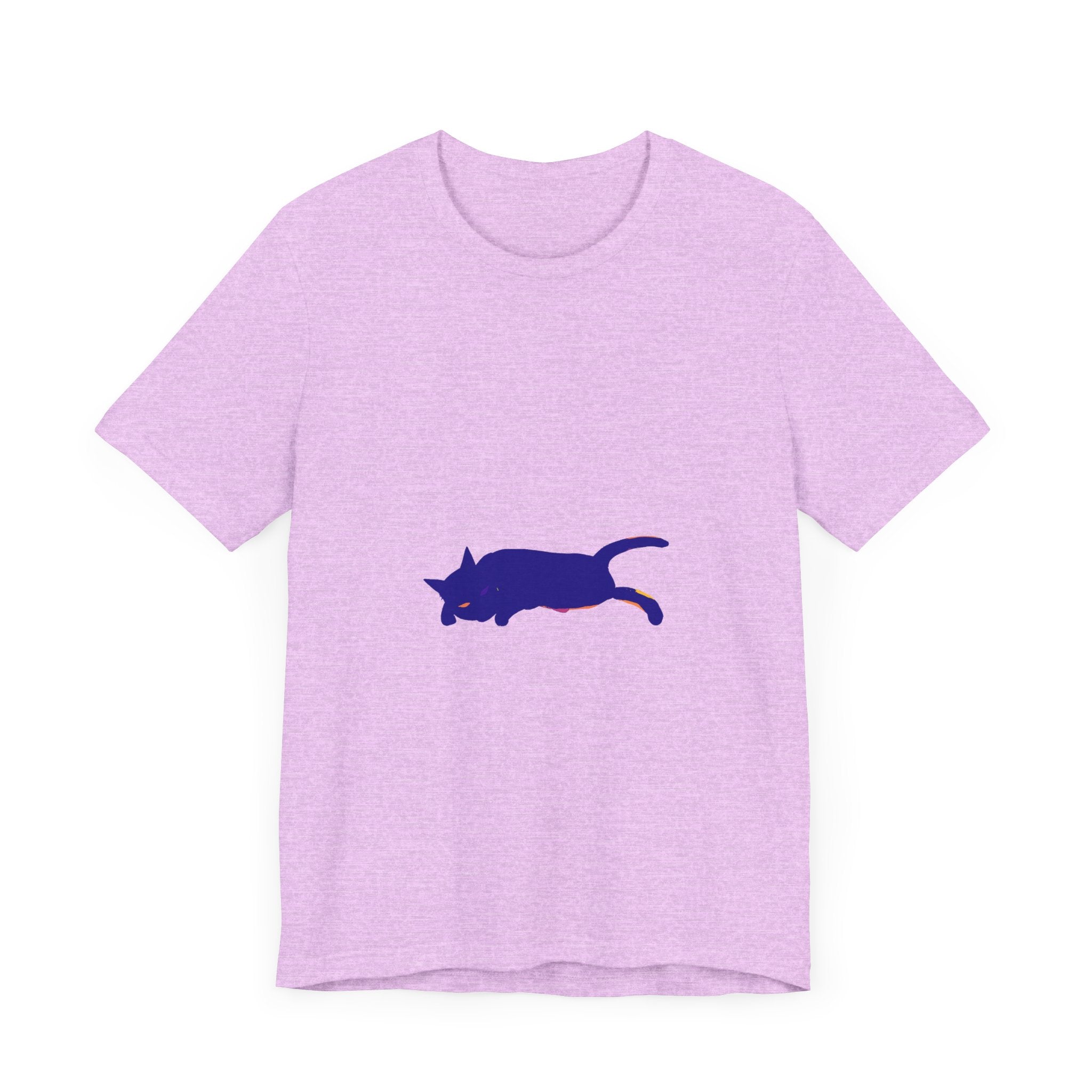 A black cat with bright green eyes sits on a soft watercolor t-shirt