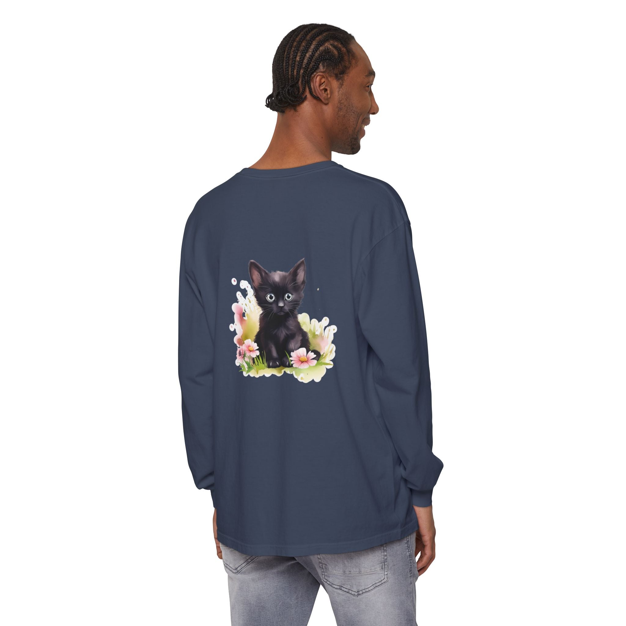 Langarmshirt | Schwarzes Kätzchen & rosa Blumen