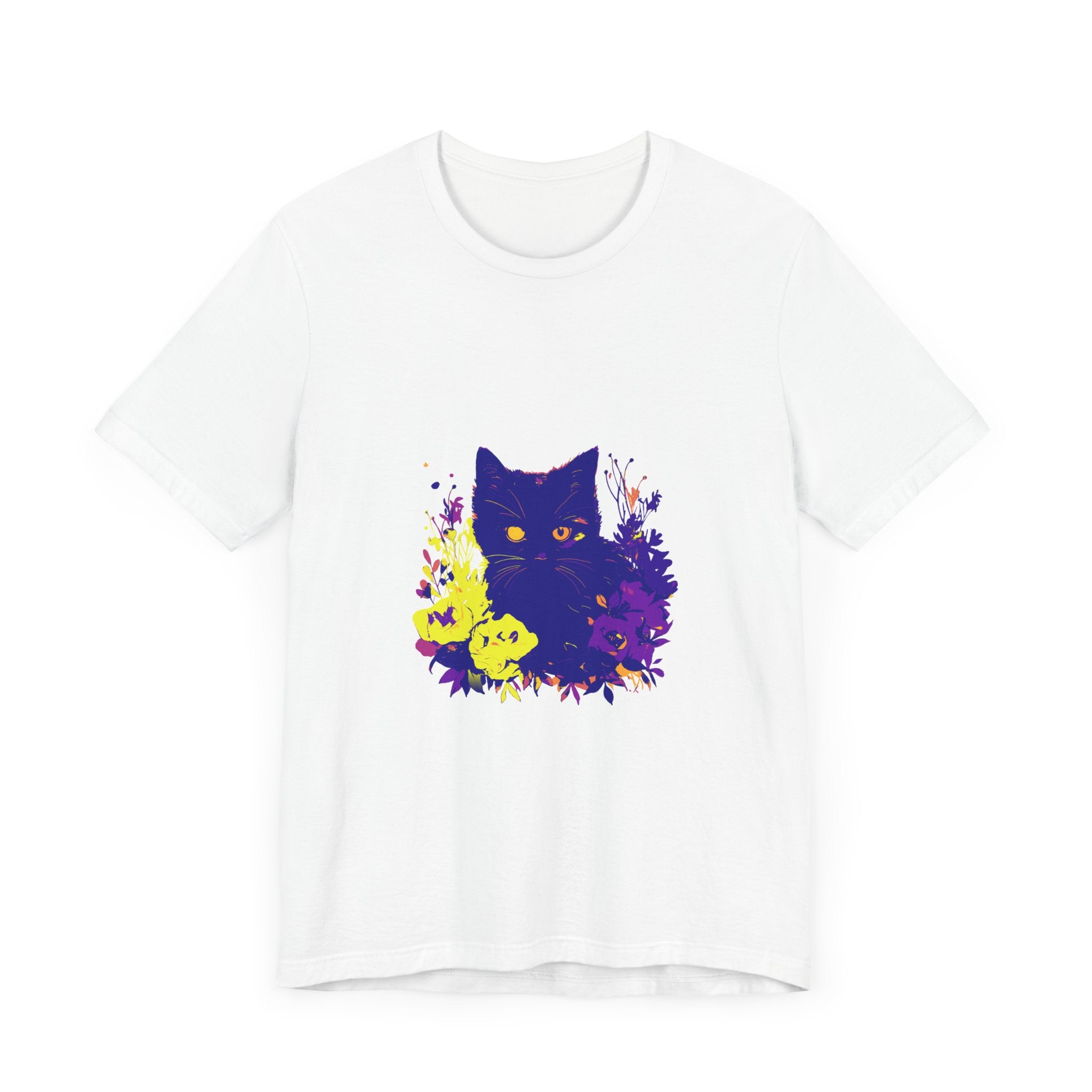 Black Cat Mystery Neon Flower T-Shirt: A bold and vibrant graphic tee featuring a mysterious black cat surrounded by neon-colored flowers