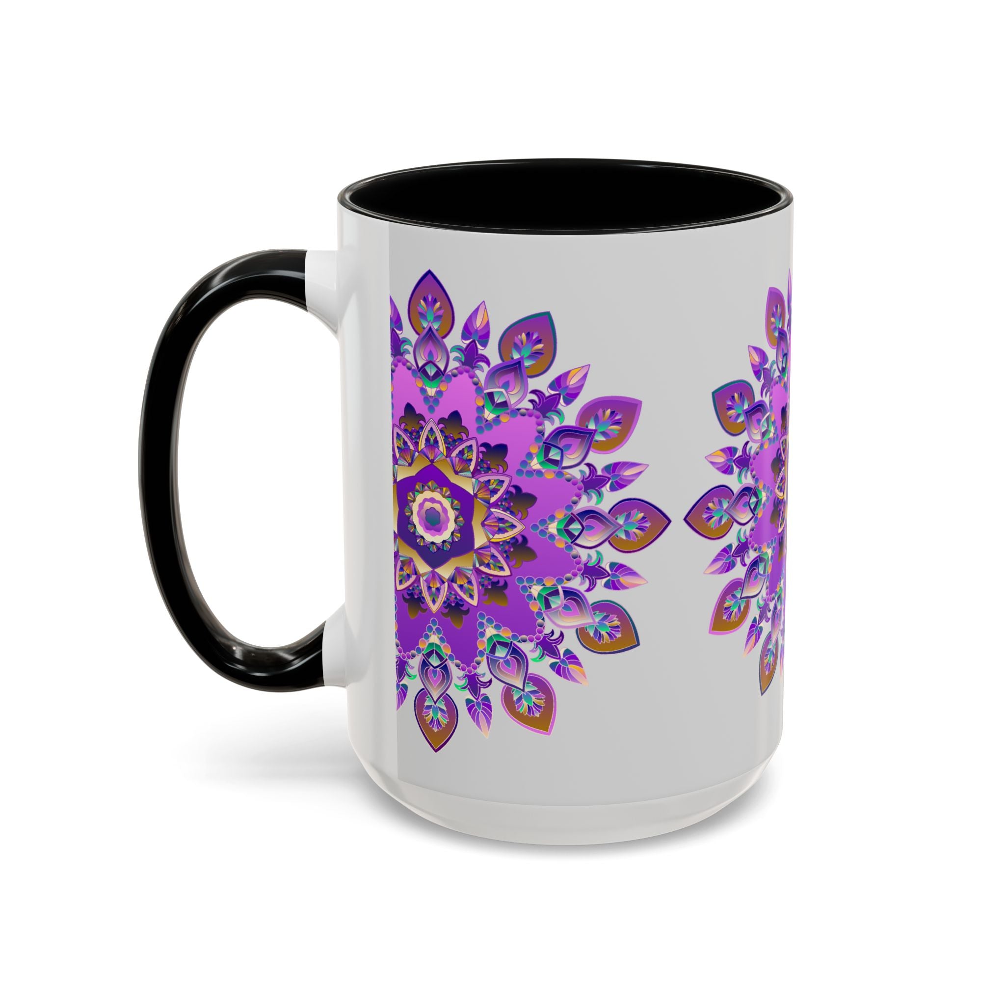 Intricately designed mug showcasing a striking purple and gold mandala