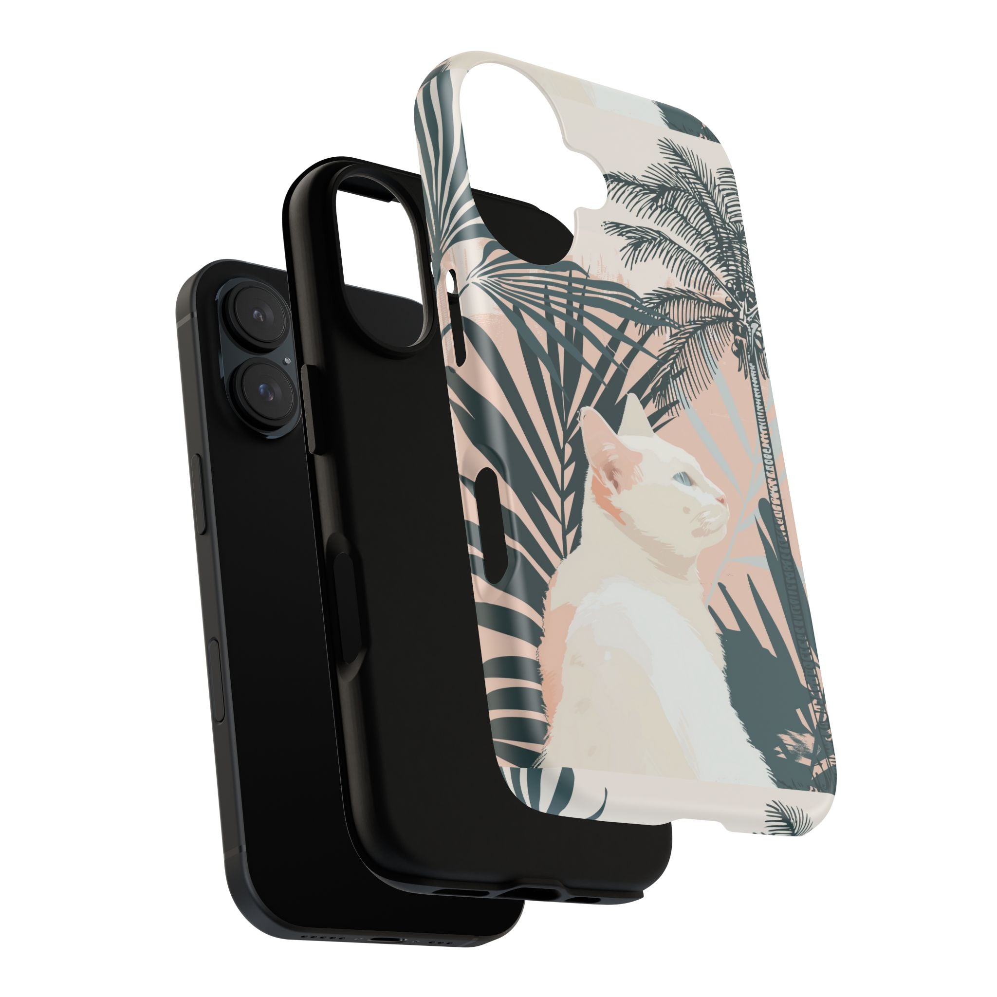 Tropical Cat Phone Case with Lush Palm Motifs and Soft Pastels