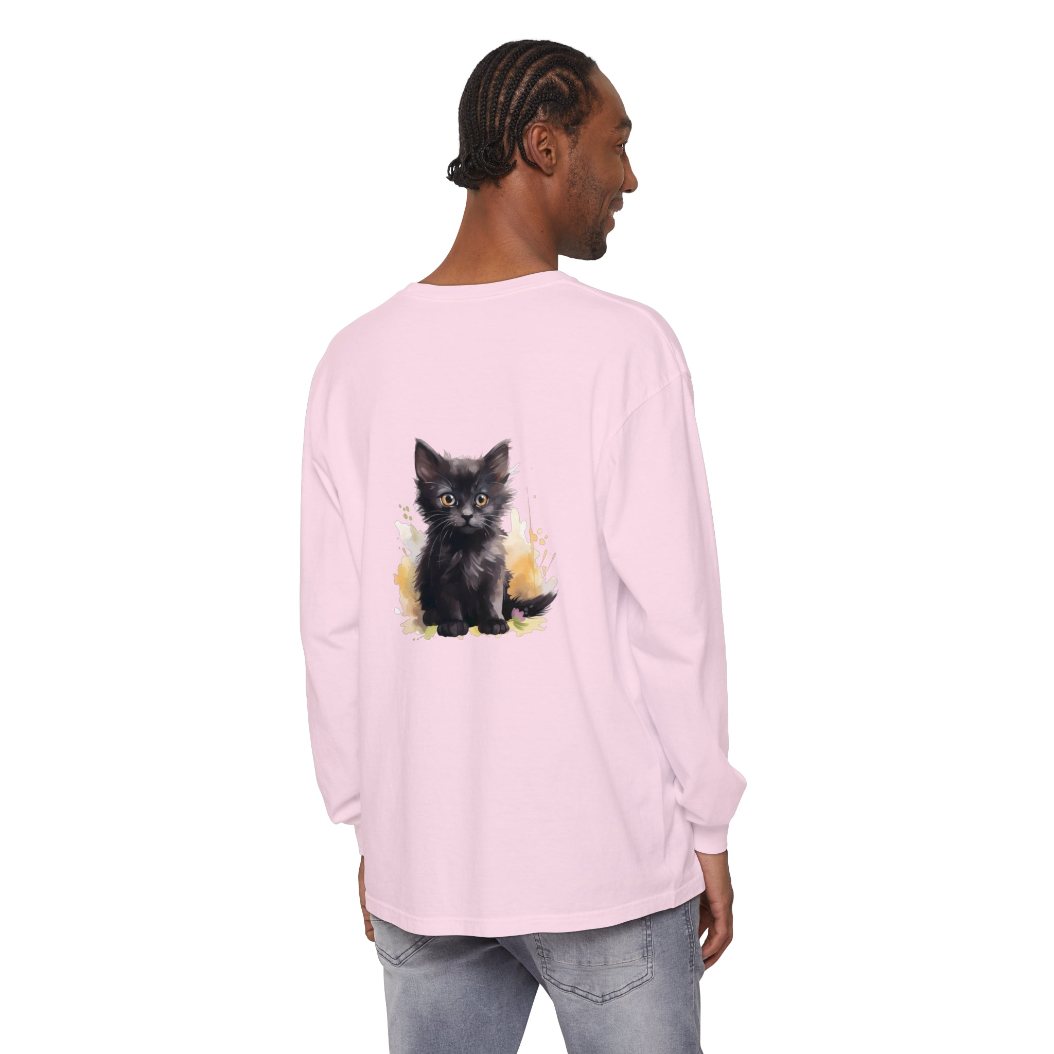 Black t-shirt with a watercolor splash design featuring an adorable kitten