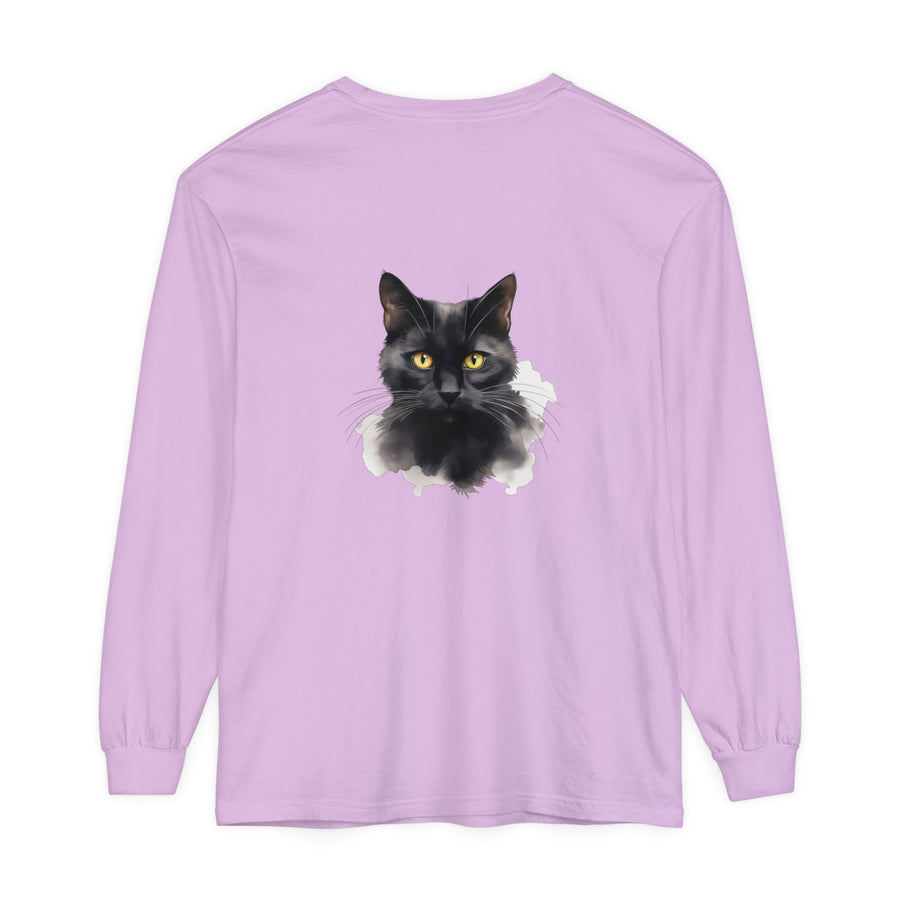 Long Sleeve T-Shirt for Cat Lovers with Black Cat Design