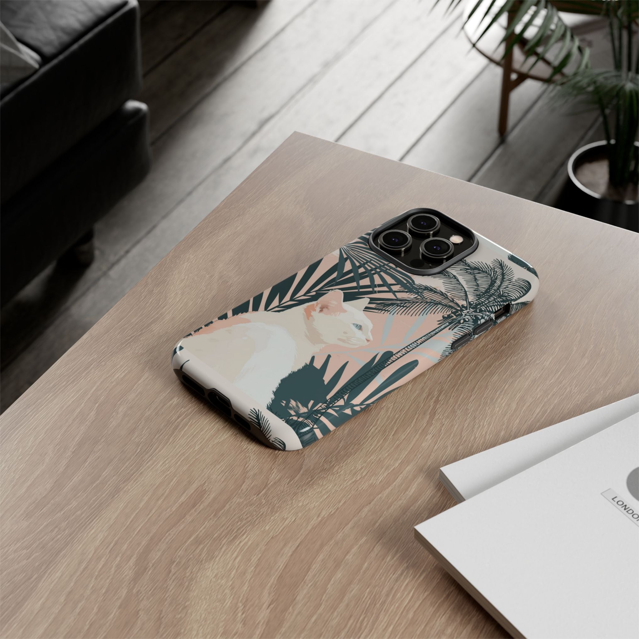 Tropical Cat Phone Case with Lush Palm Motifs and Soft Pastels