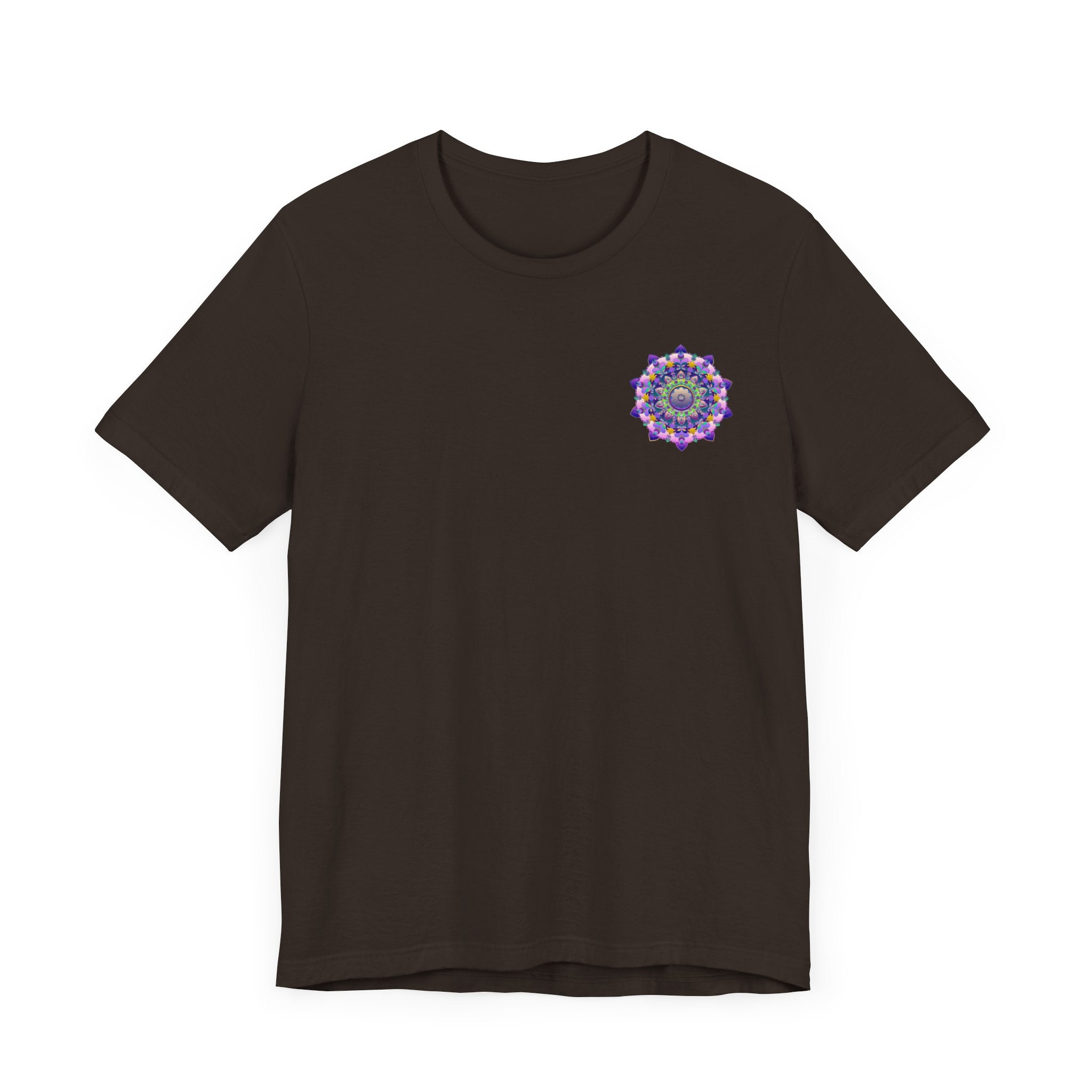 Close-up of a person wearing the Vibrant Mandala T-Shirt, exuding a sense of inner peace and harmony The colorful mandala design is eye-catching and unique