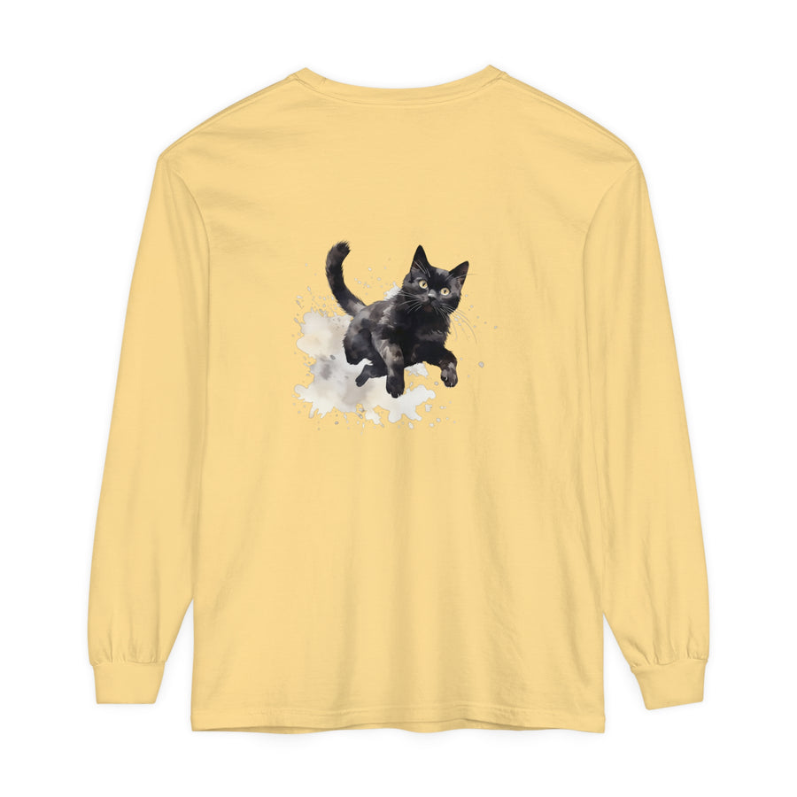 A stylish and artistic black cat watercolor splash t-shirt for women
