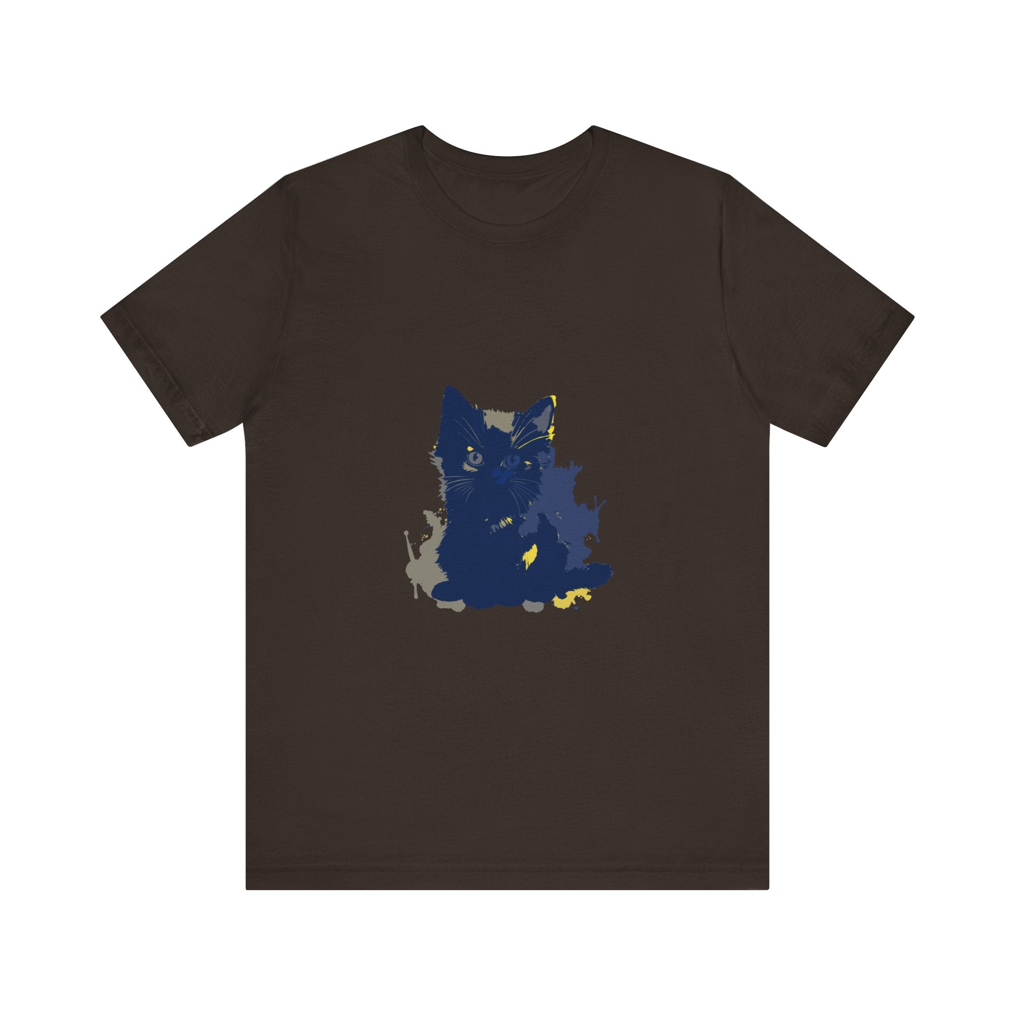 A midnight blue cat mystery t-shirt featuring a curious feline design