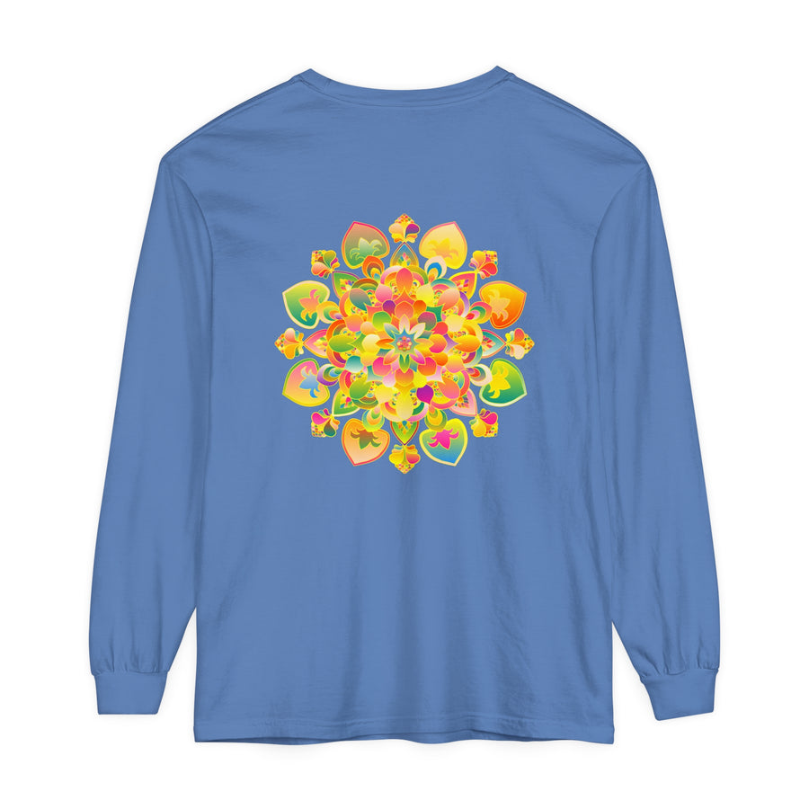Colorful and intricate psychedelic mandala design on a long sleeve t-shirt