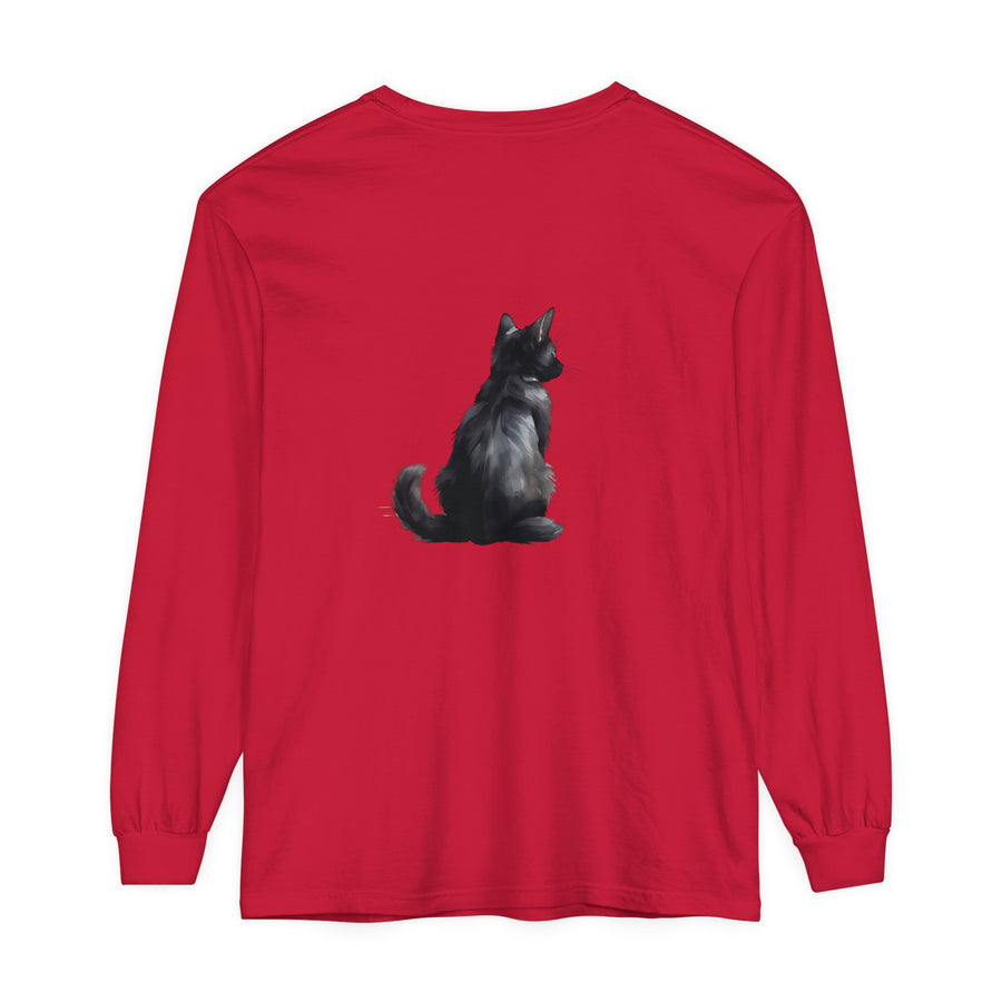 Black Cat Mystery unisex long sleeve tee, a black top with a mysterious cat design