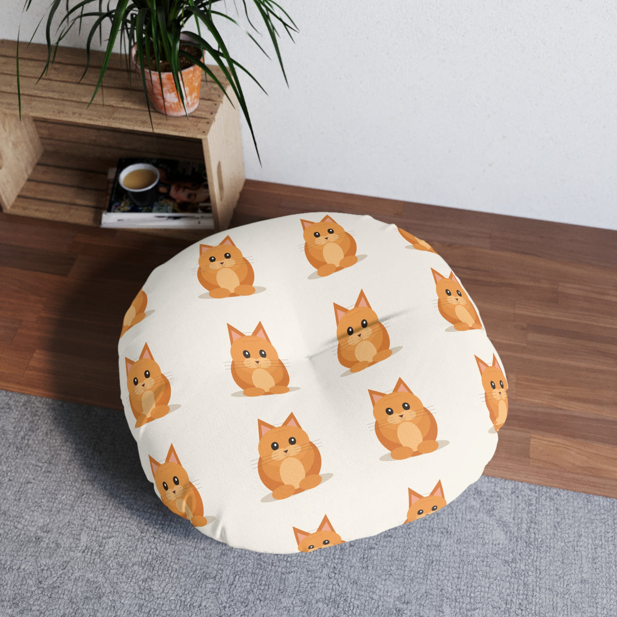 Round Tufted Floor Pillow — Cute Orange Cat Pattern, Paw & Swirl Accent
