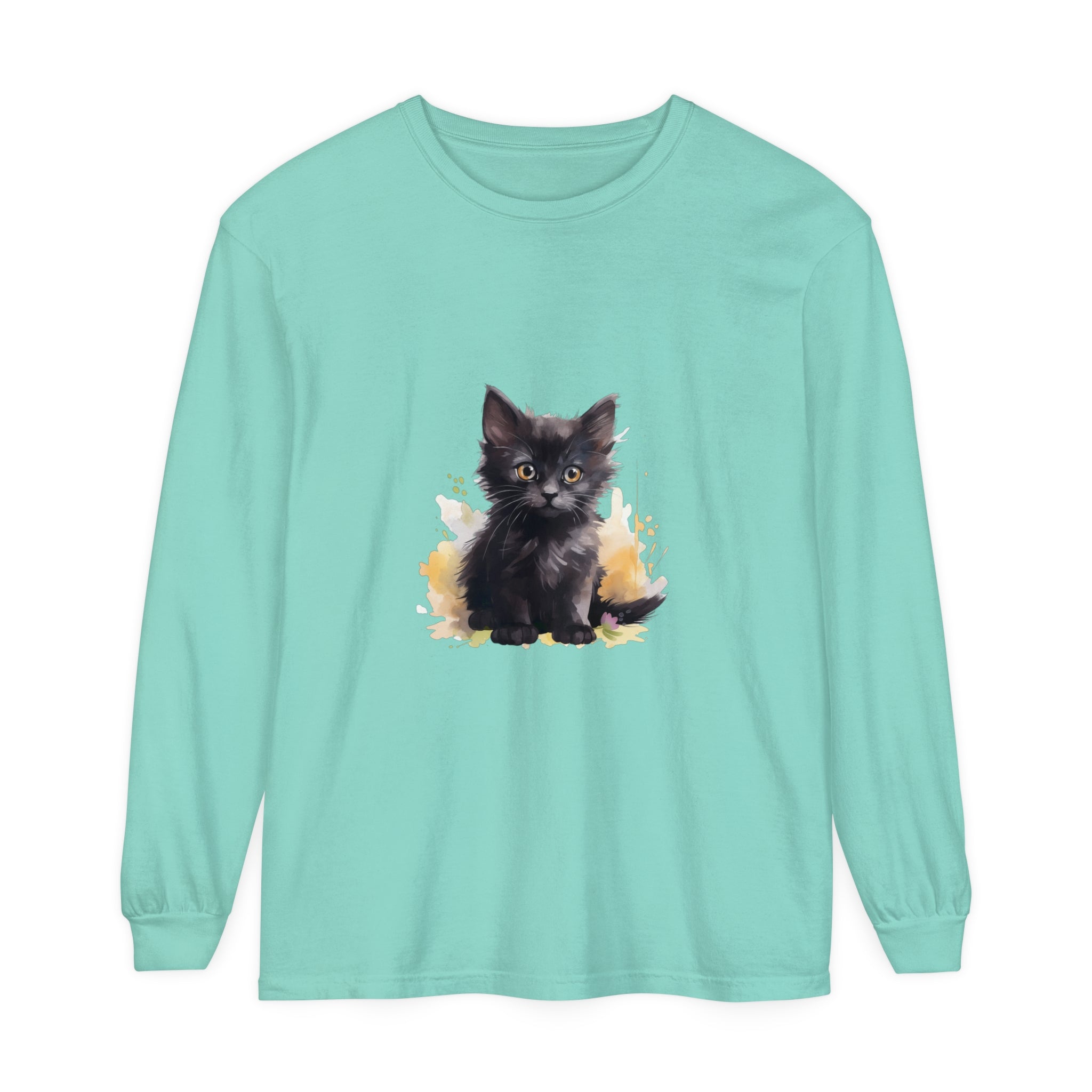 Black Kitten Watercolor Splash T-Shirt: A cute and stylish graphic tee featuring a playful black kitten surrounded by colorful watercolor splashes