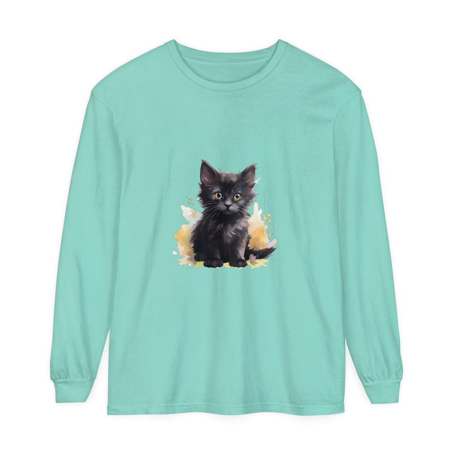 Black Kitten Watercolor Splash T-Shirt: A cute and stylish graphic tee featuring a playful black kitten surrounded by colorful watercolor splashes
