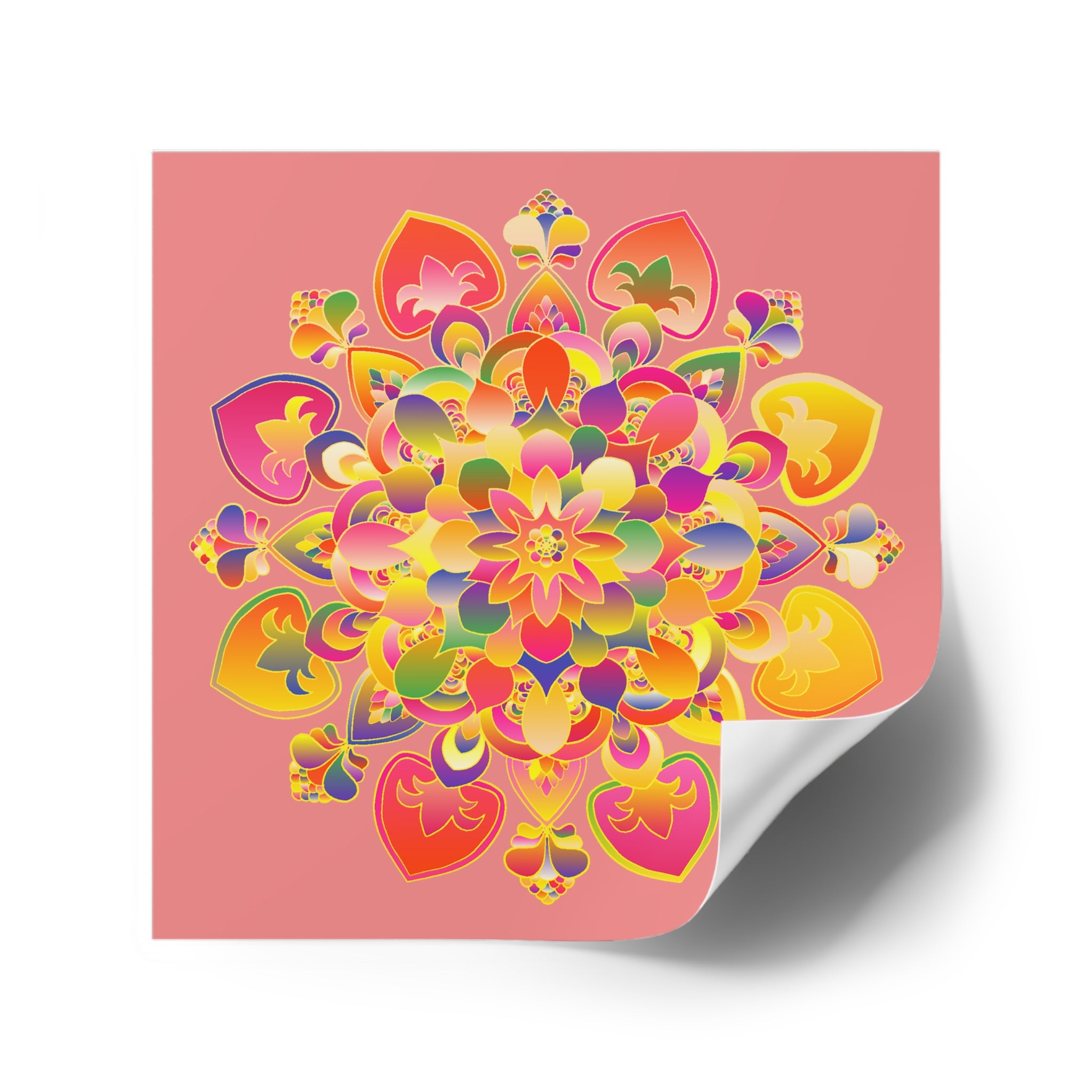 Handgezeichnete Mandala-Laminieraufkleber – Gold, Rot und Grün auf zartkorallenfarbenem Grund