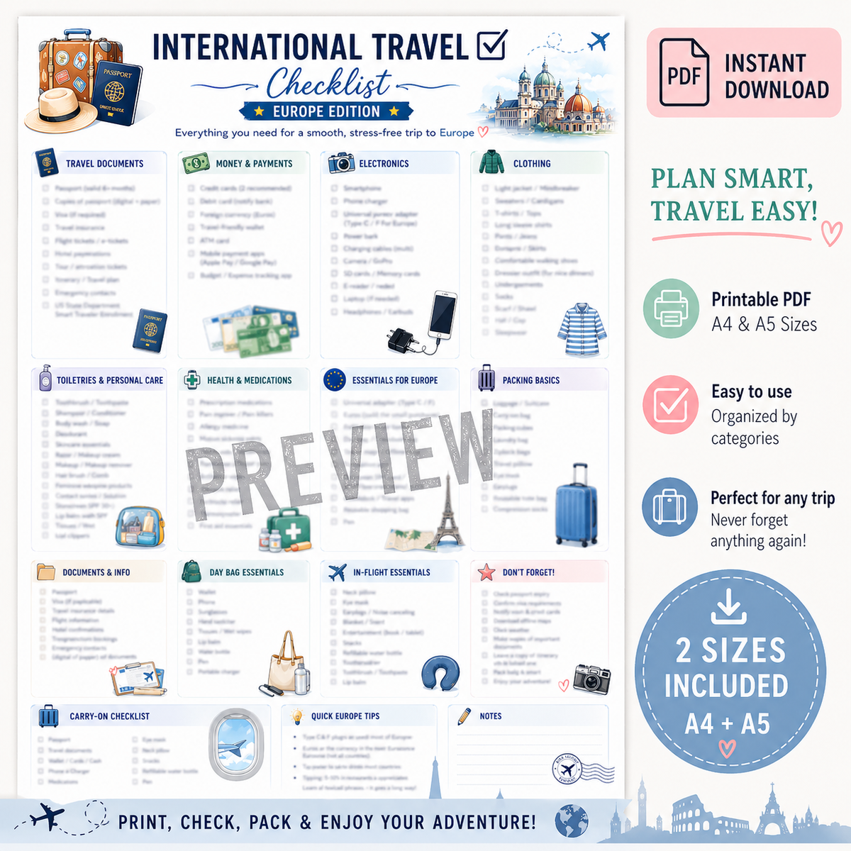 Reise-Checkliste | Packliste für internationale Reisen – Edition Europa