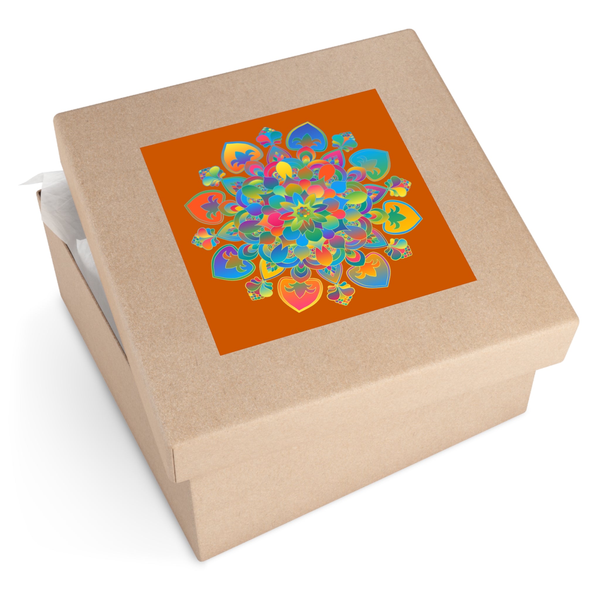 Handgezeichnete Mandala-Laminieraufkleber – Gold, Rot und Grün auf gebranntem Orange
