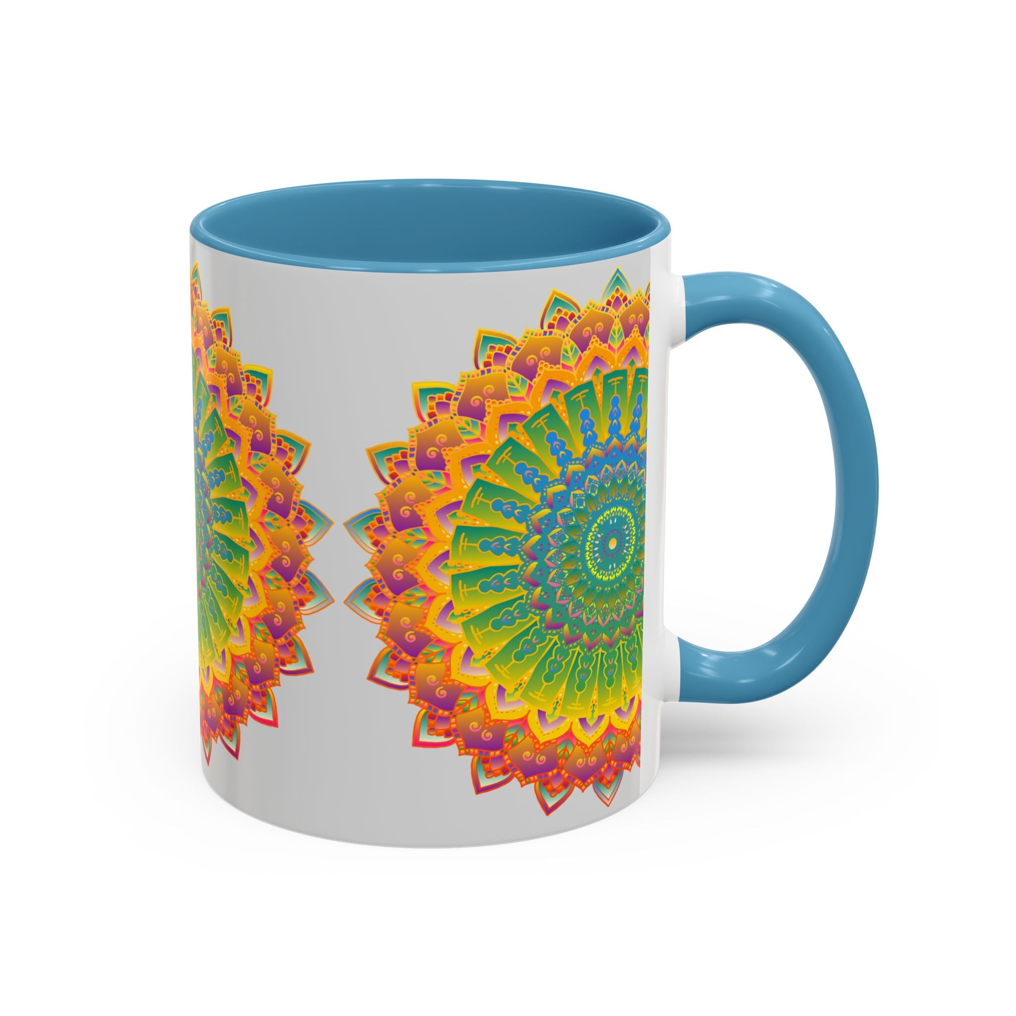 Detailed and vibrant mandala design on a high-gloss, vibrant mug